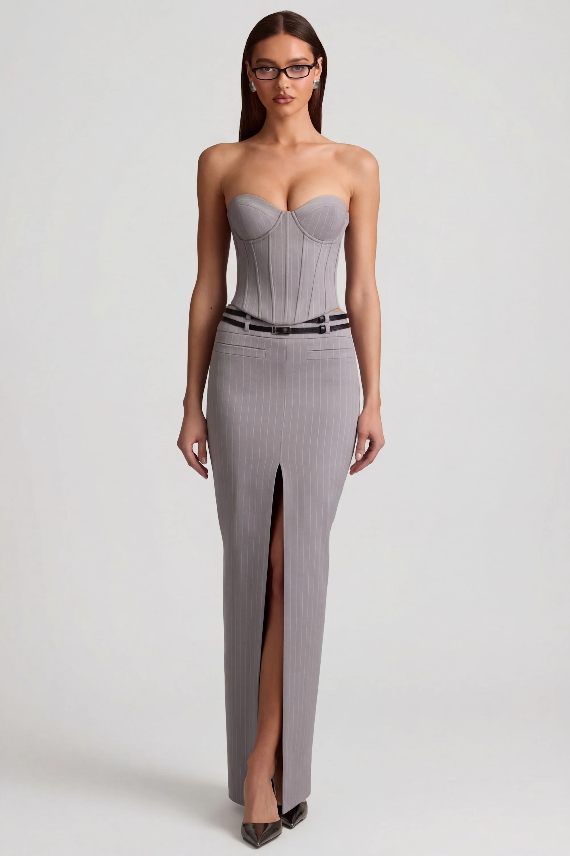 Pinstripe Low-Rise Maxi Skirt in Grey - Image 5