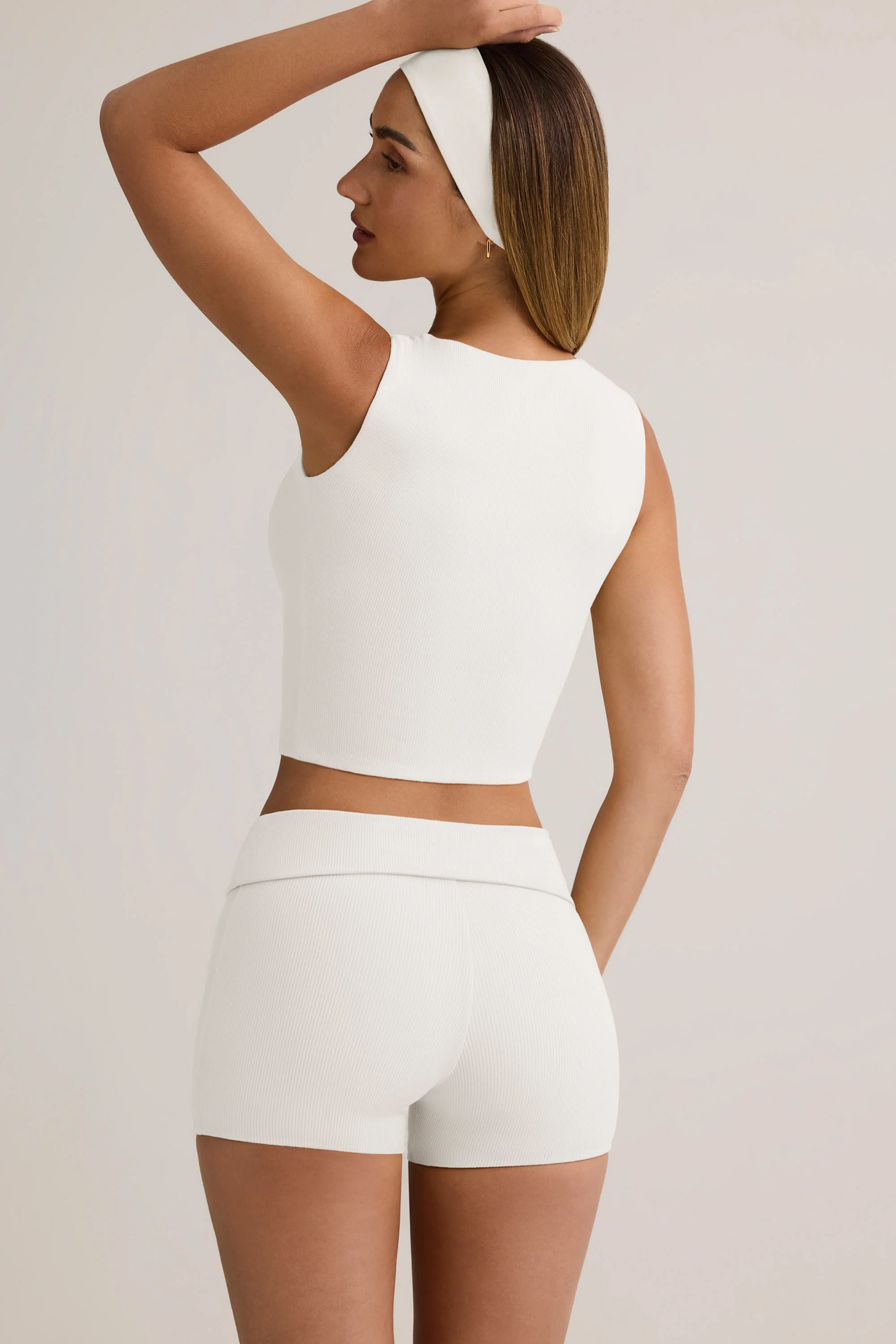 Modal Ribbed Mid-Rise Foldover Shorts in White - Image 2