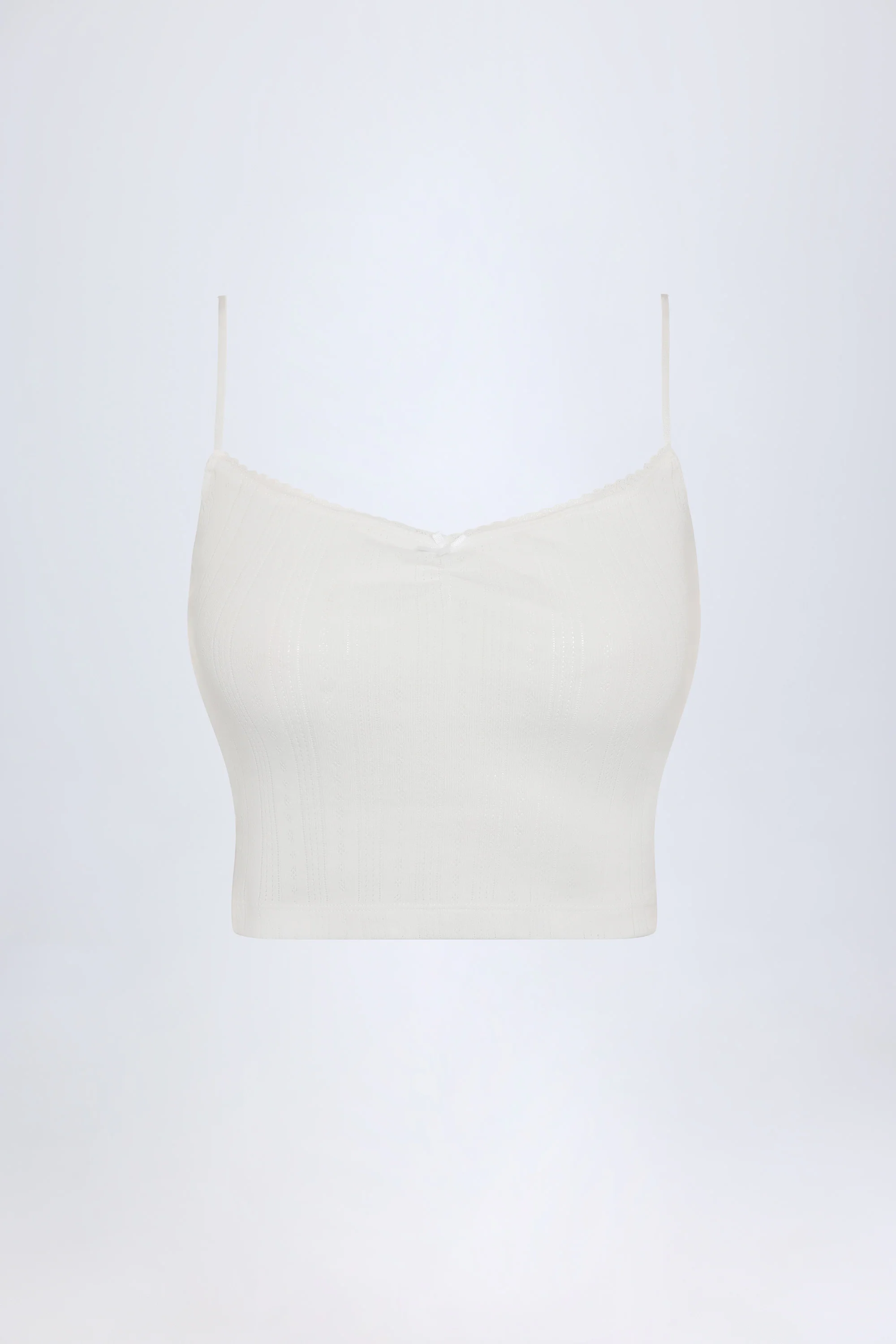 Pointelle Ruched Camisole Crop Top in White - Image 3