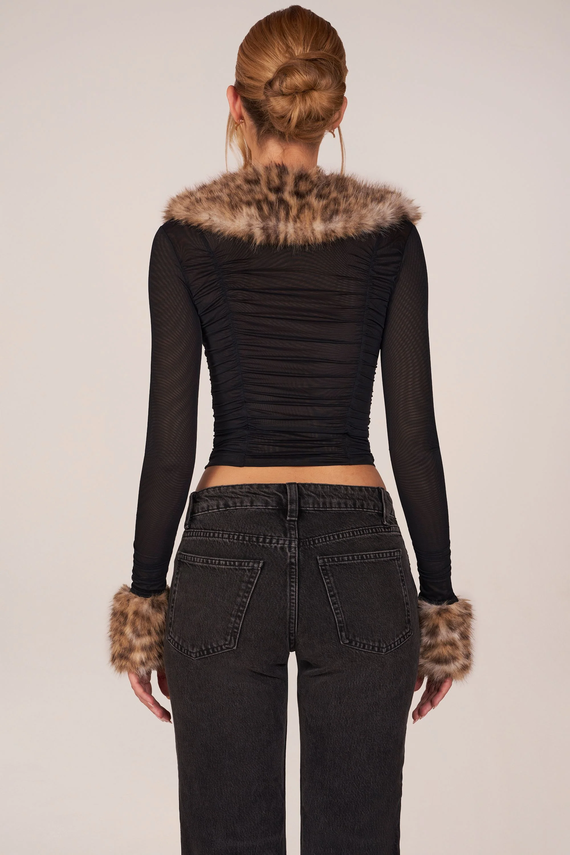 Faux Fur-Trim Sheer Mesh Cardigan in Black - Image 5