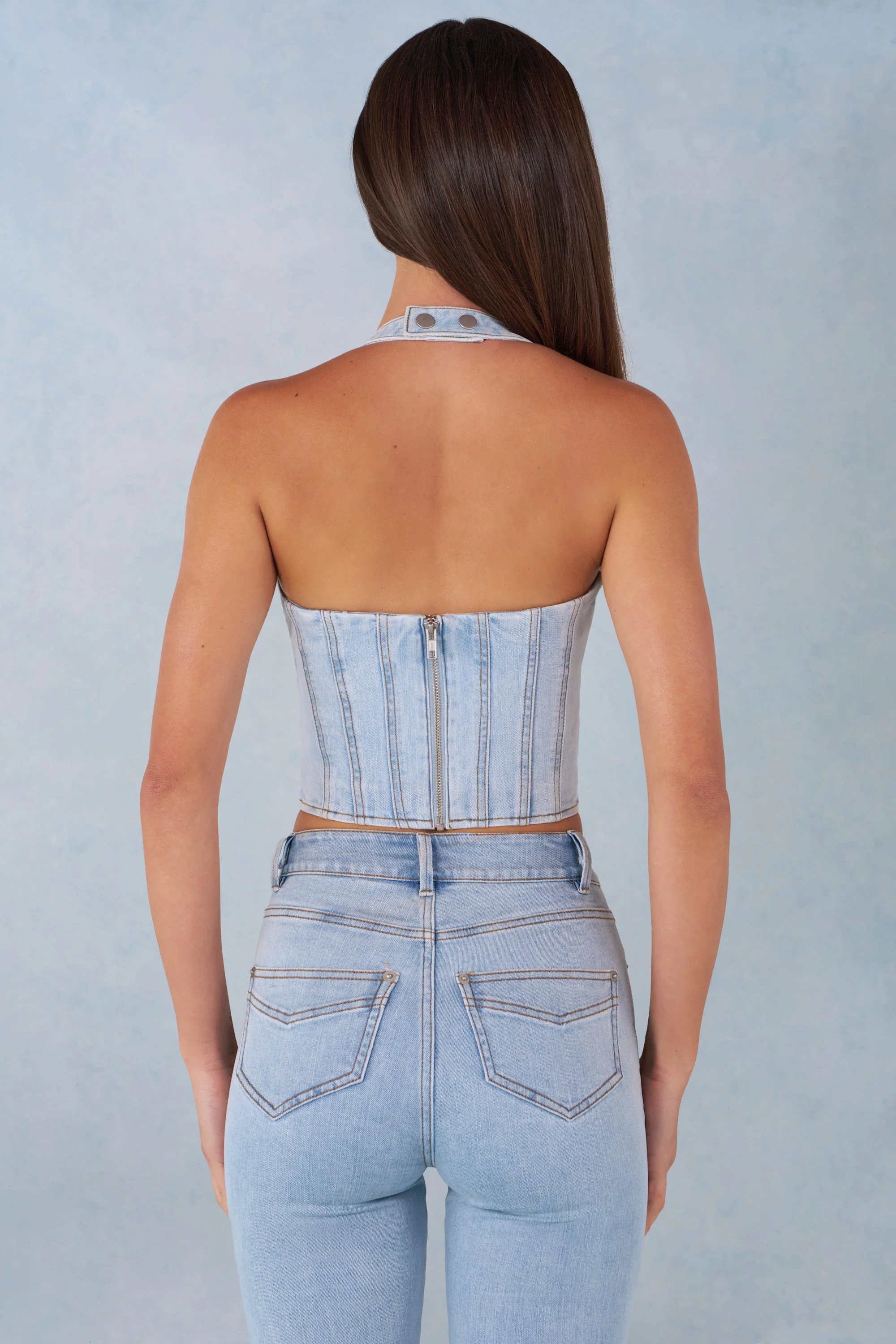 Halterneck Denim Corset Style Top  in Light Denim - Image 6