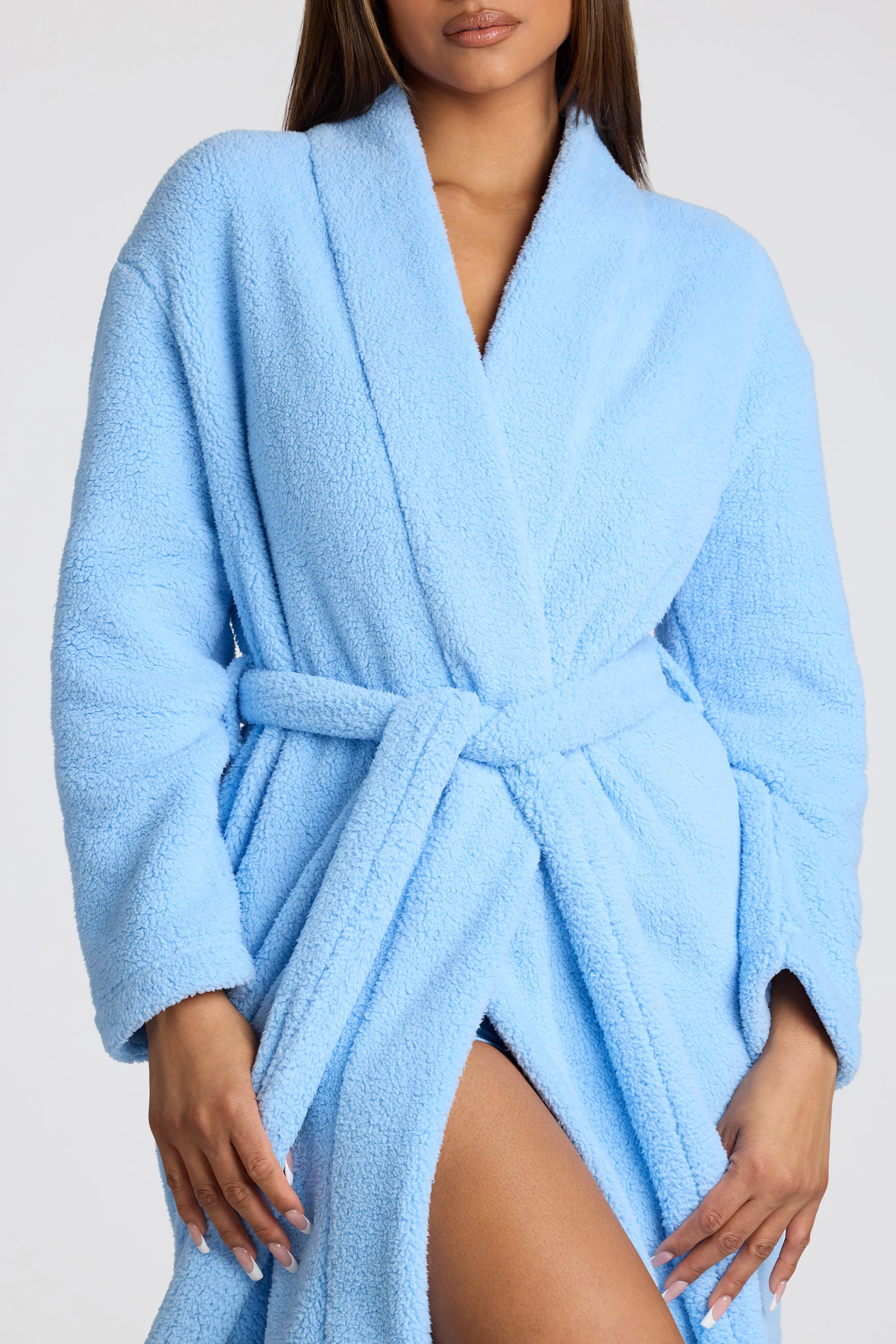 Tie Front Fleece Robe in Baby Blue - Image 4