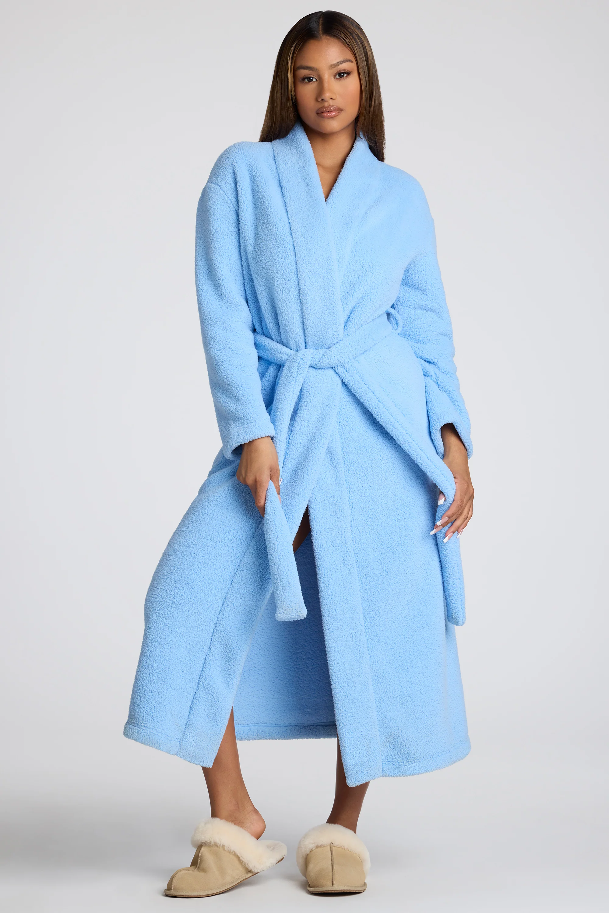 Tie Front Fleece Robe in Baby Blue - Image 6