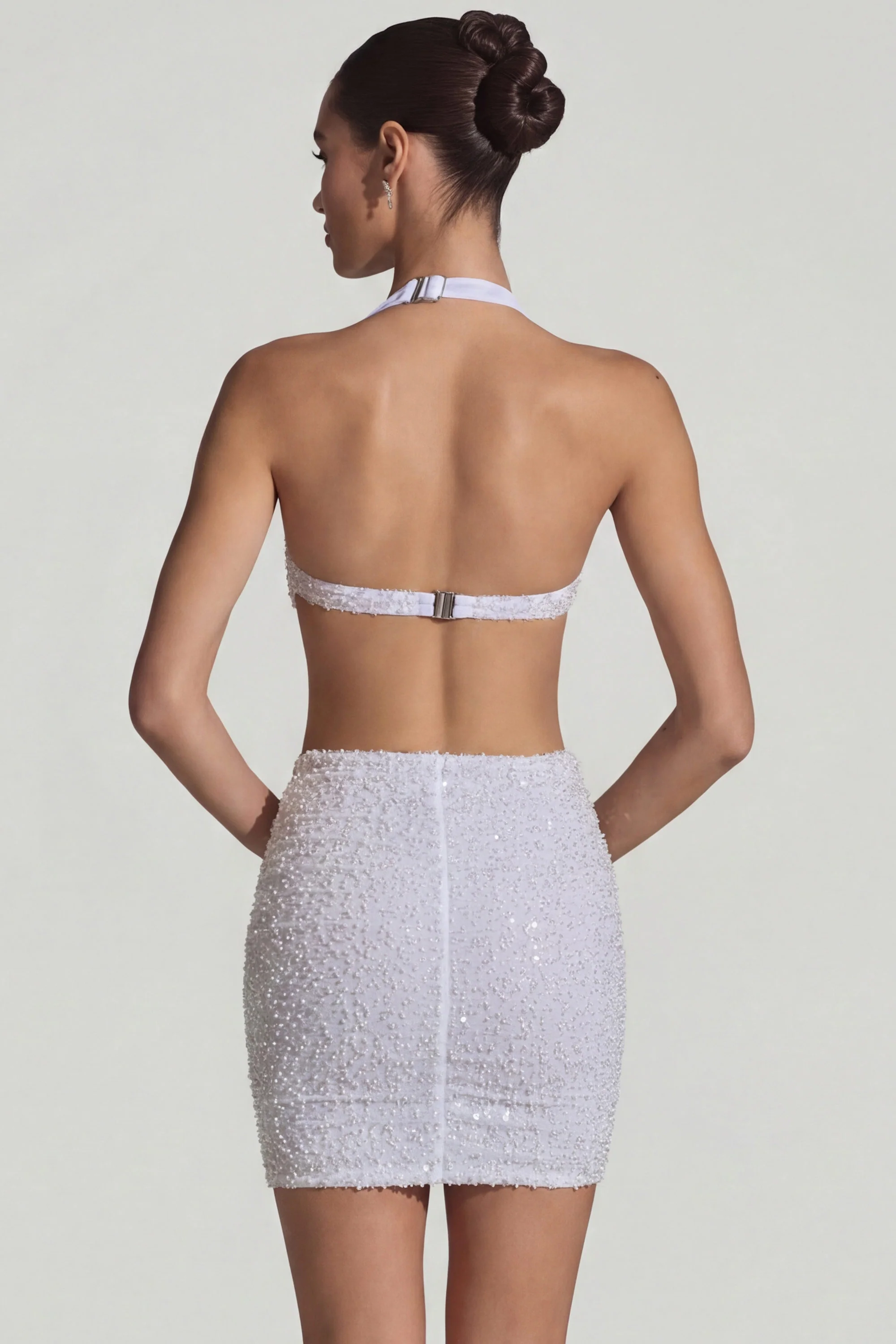 Embellished Cut-Out Halterneck Mini Dress in White - Image 7