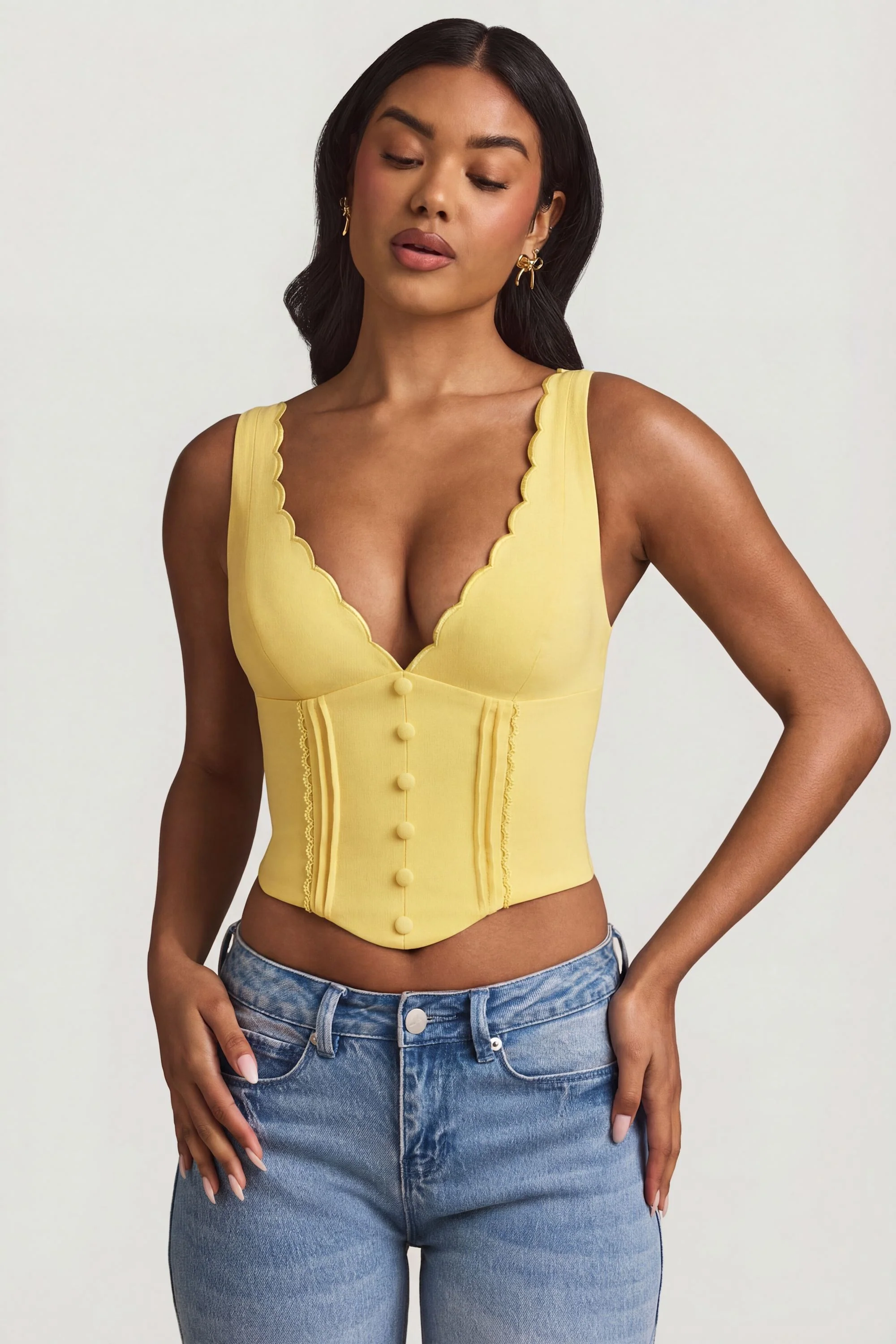 Plunge-Neck Scalloped Corset Top in Pastel Yellow - Image 6