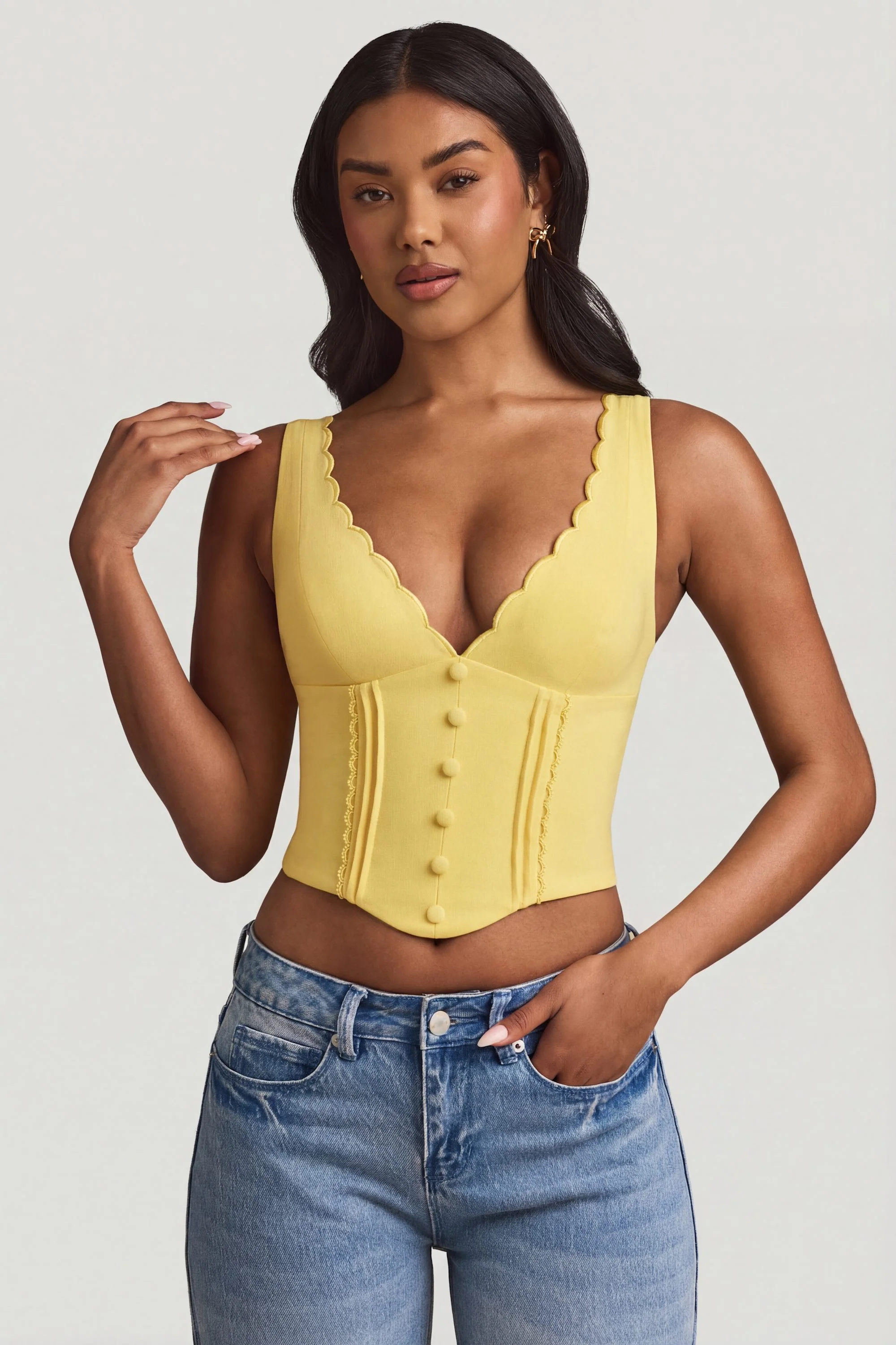 Plunge-Neck Scalloped Corset Top in Pastel Yellow - Image 8