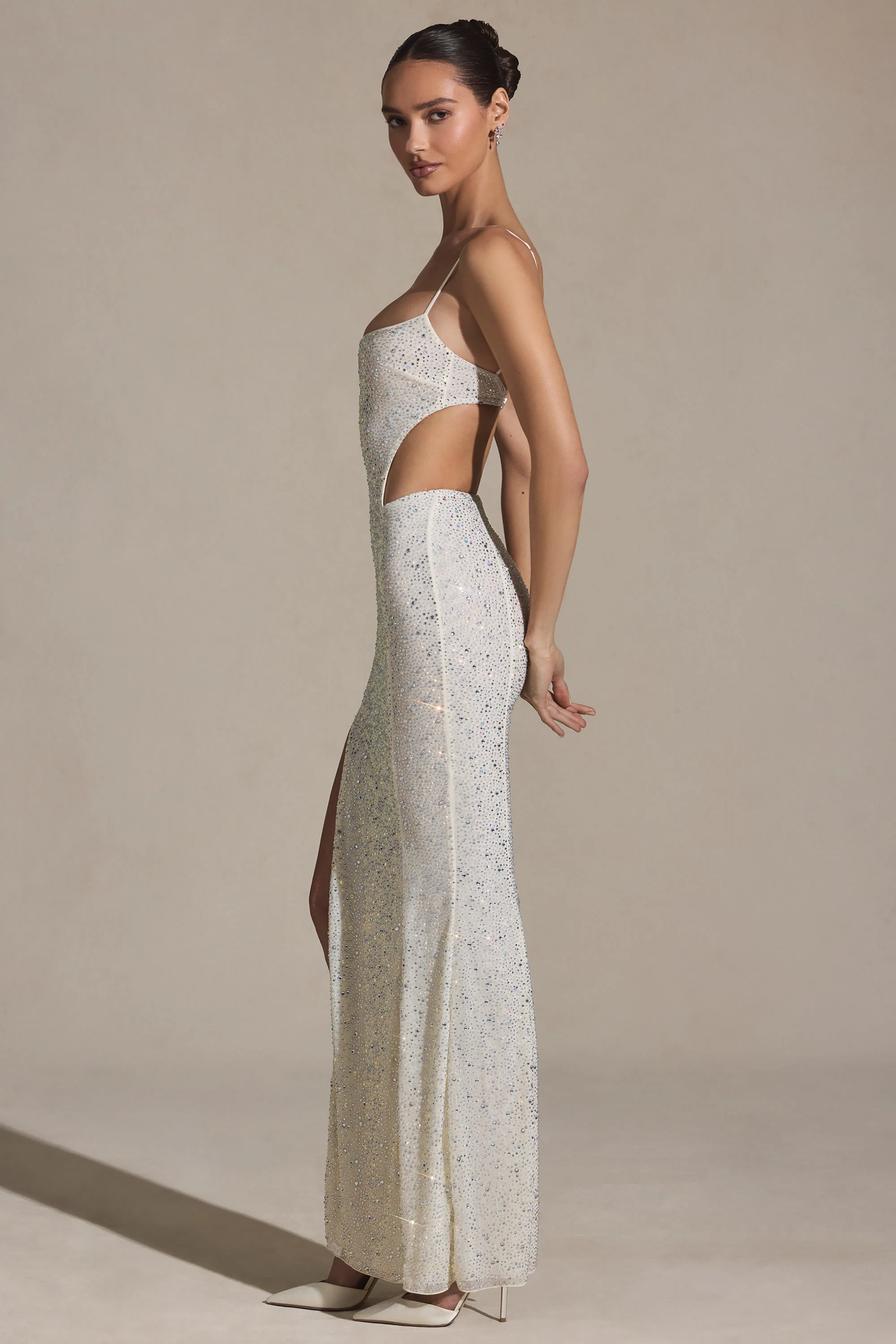 Embellished Cut-Out Fishtail Maxi Dress in White - Image 3