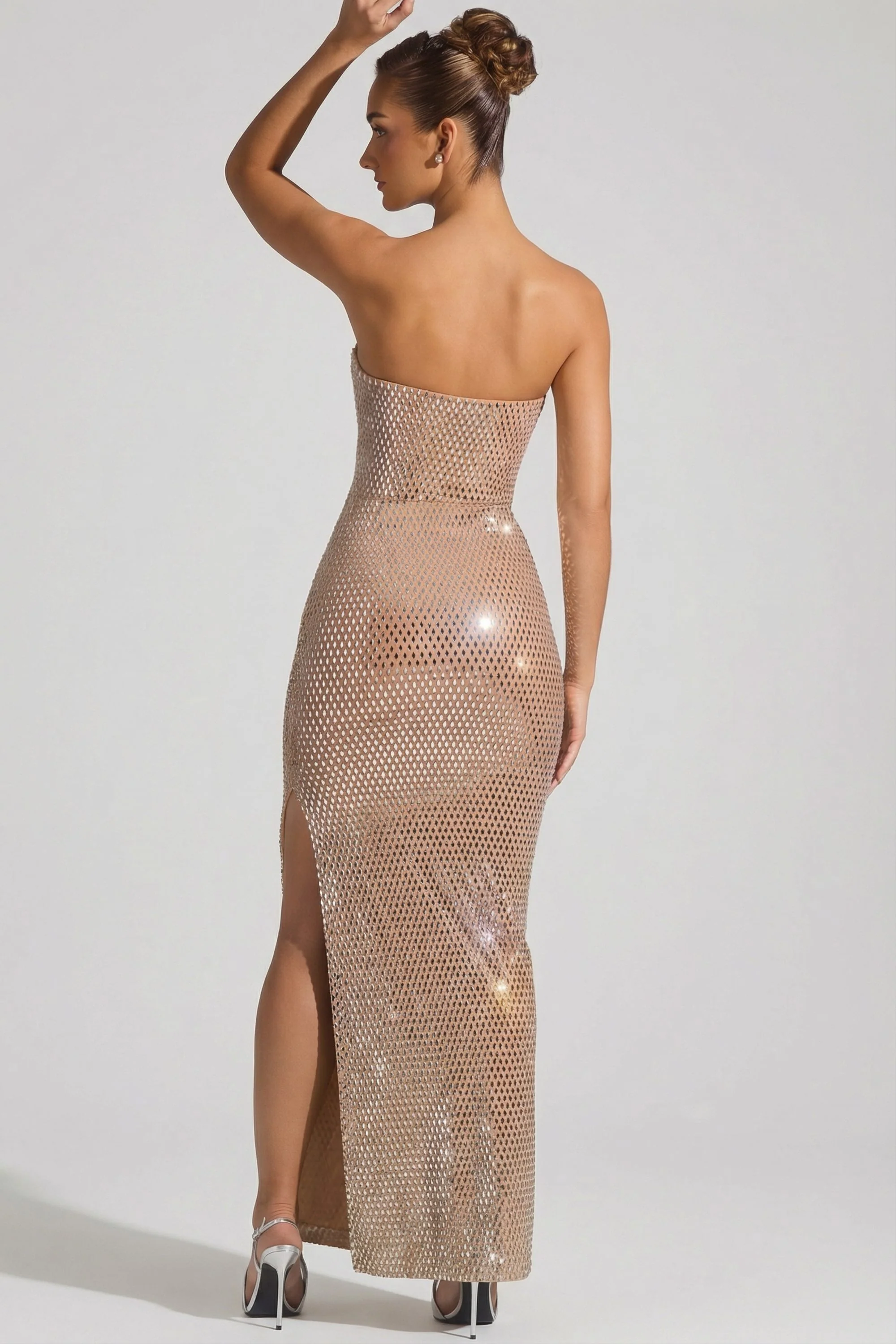 Embellished Strapless Plunge Gown in Almond - Image 2