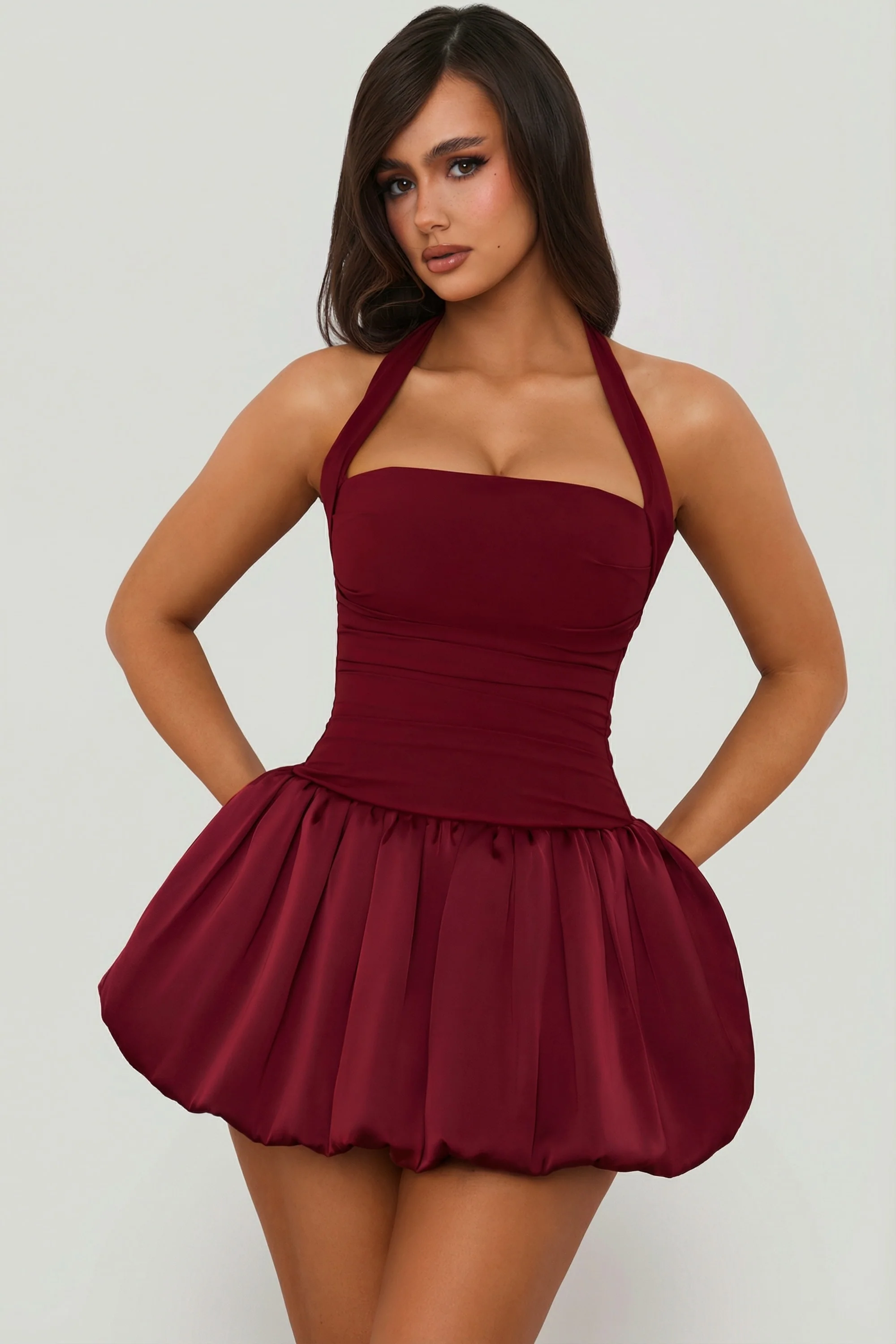 Halterneck Lace-Up Bubble Hem Corset Micro Mini Dress in Berry Red - Image 5