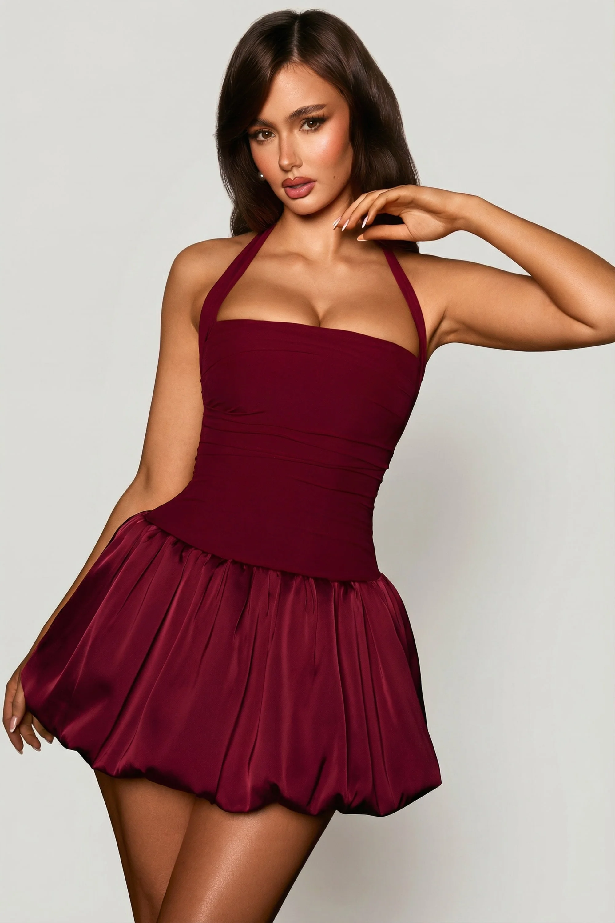 Halterneck Lace-Up Bubble Hem Corset Micro Mini Dress in Berry Red - Image 7