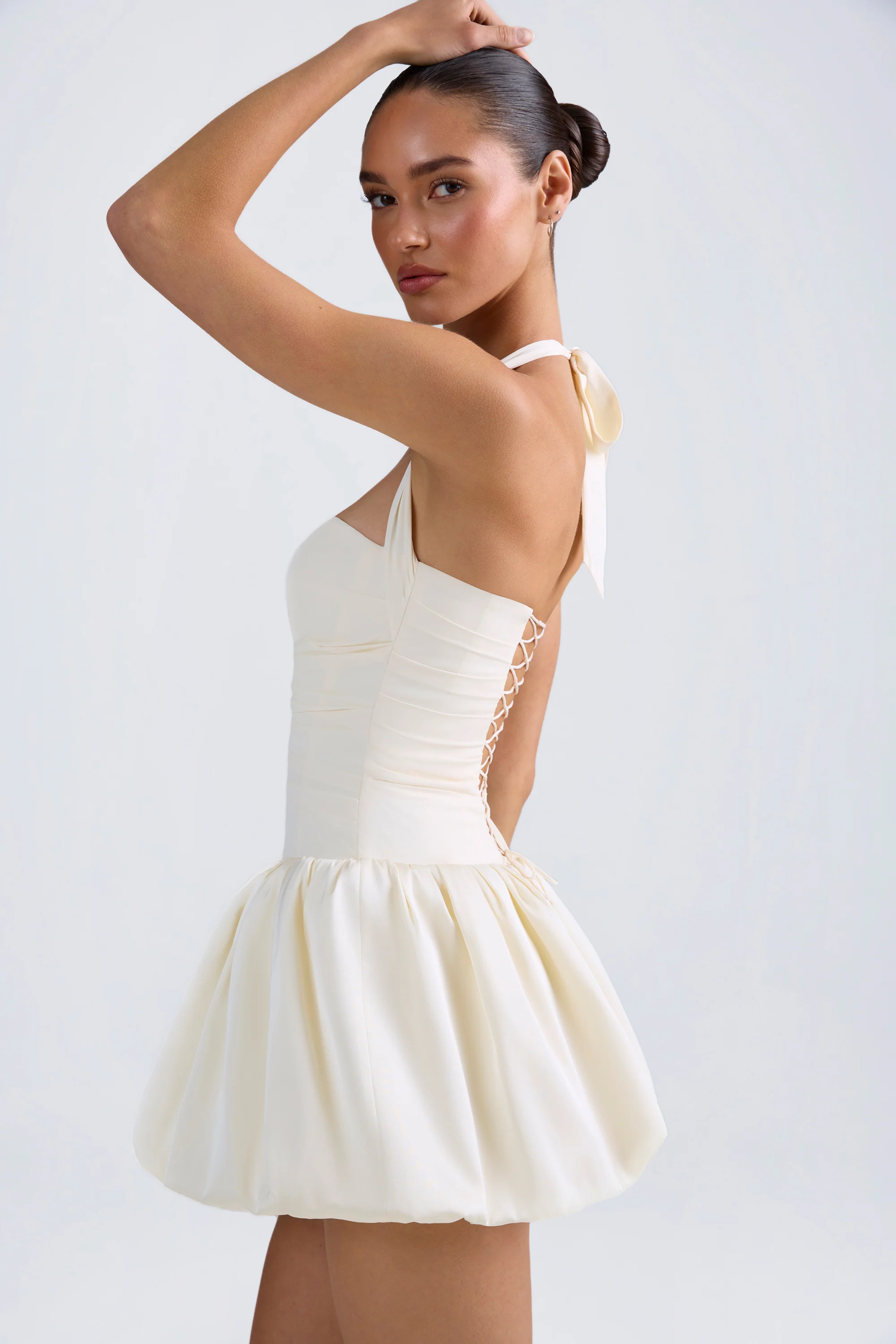 Halterneck Lace-Up Bubble Hem Corset Micro Mini Dress in Ivory - Image 7