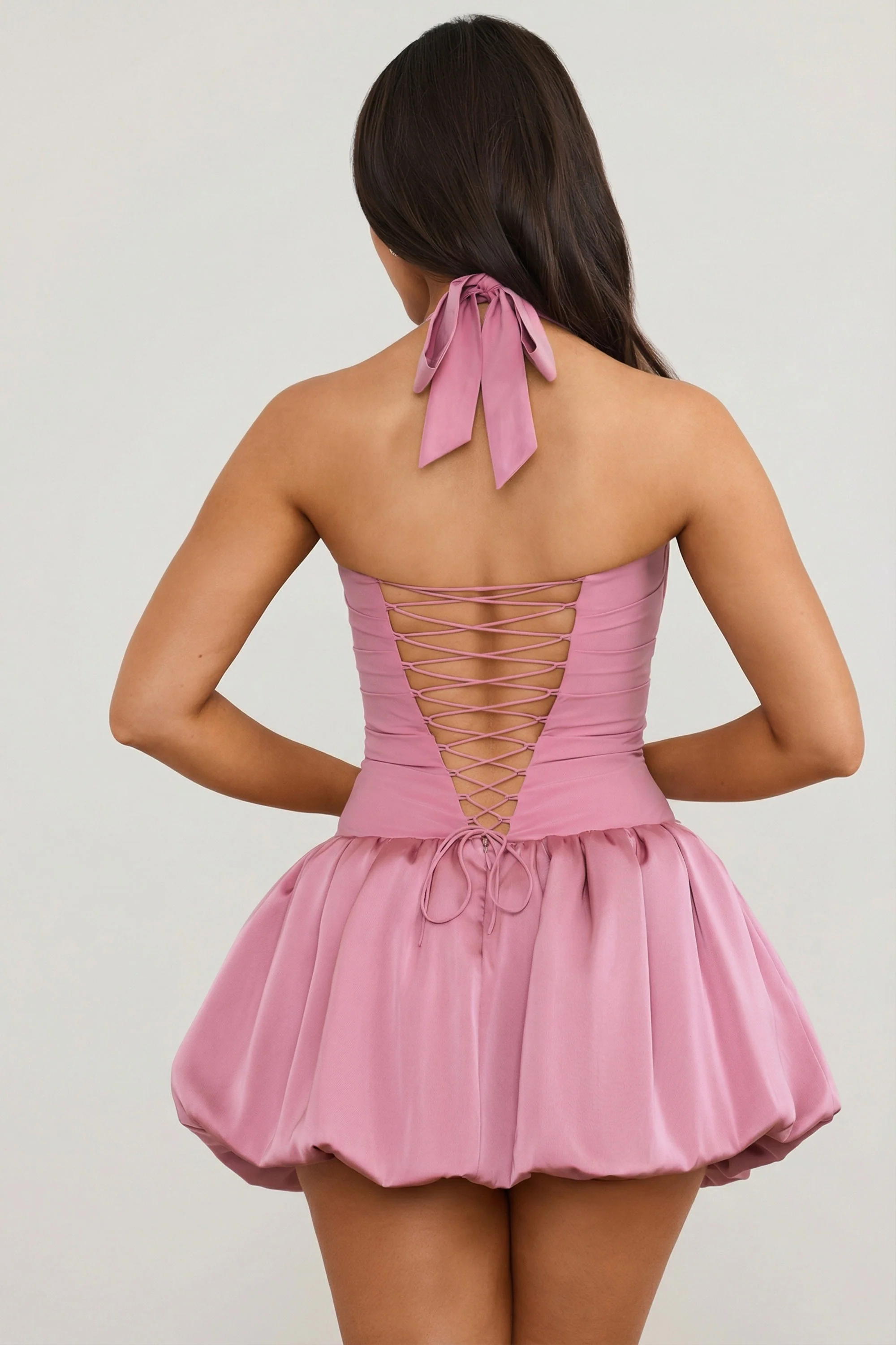 Halterneck Lace-Up Bubble Hem Corset Micro Mini Dress in Mauve - Image 2