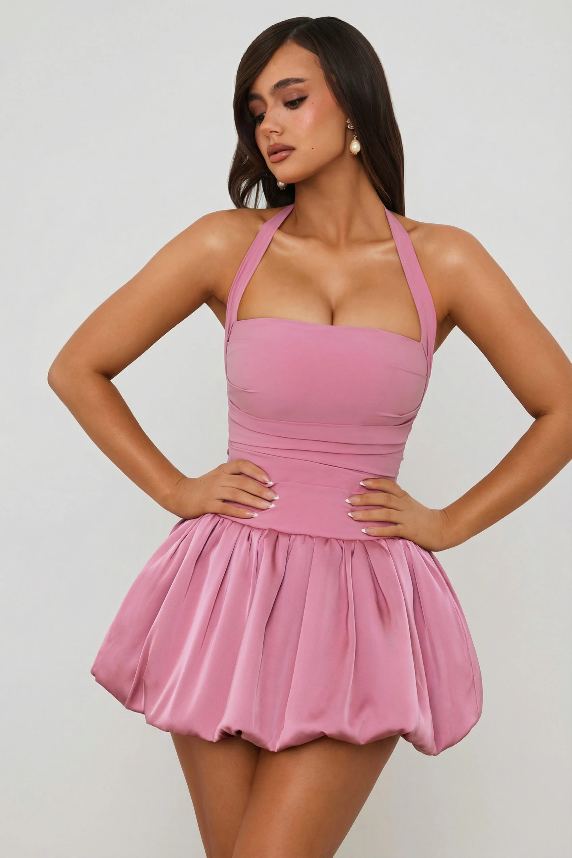 Halterneck Lace-Up Bubble Hem Corset Micro Mini Dress in Mauve - Image 7