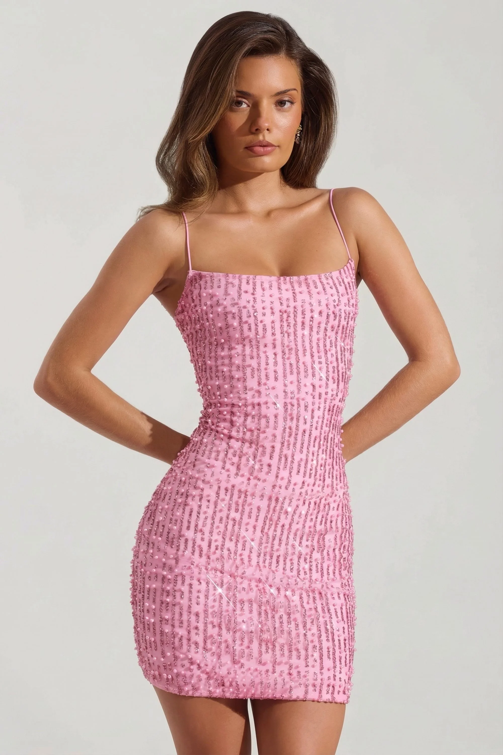 Embellished Scoop-Neck Bodycon Mini Dress in Pink - Image 7