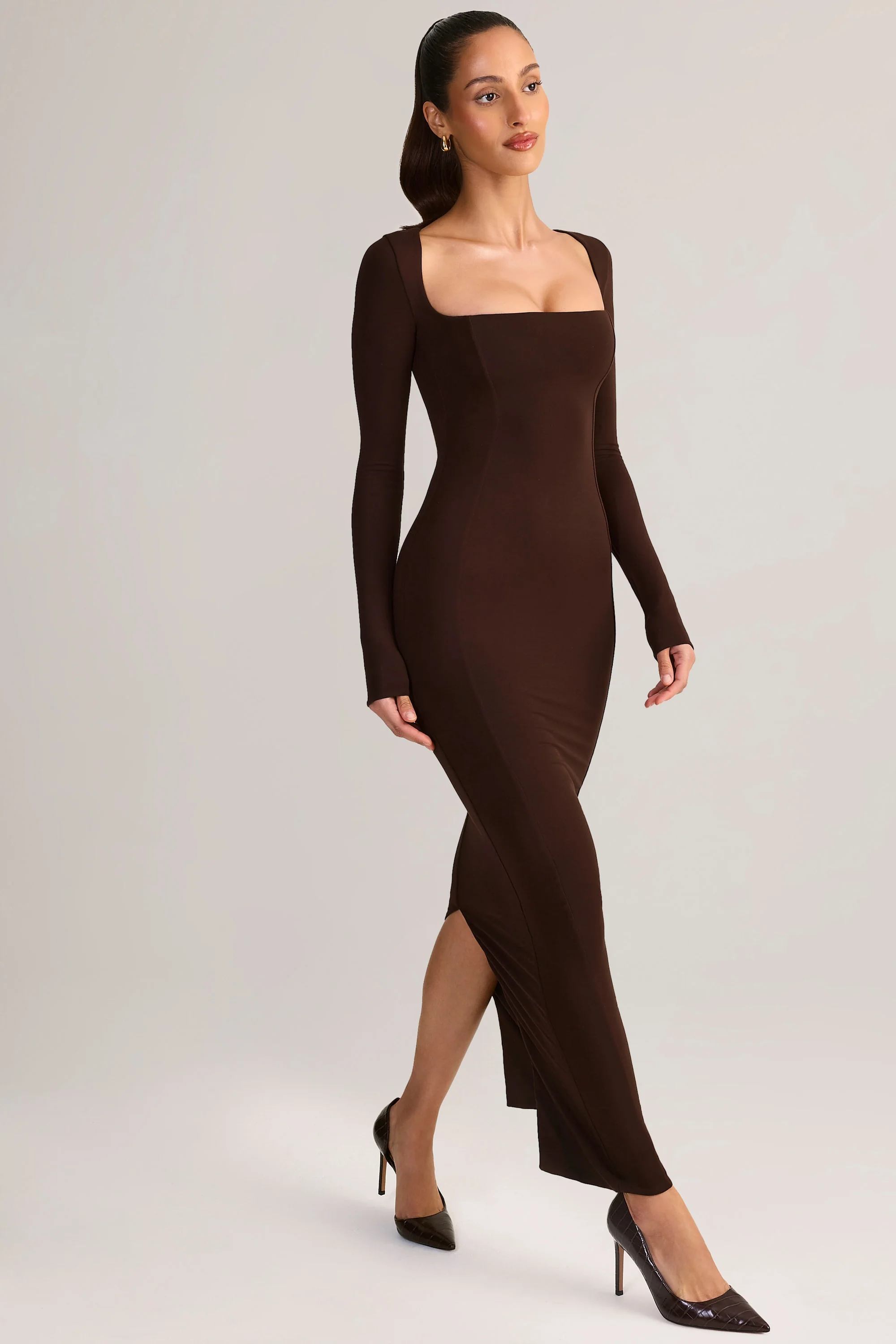 Modal Square-Neck Bodycon Maxi Dress in Chocolate Brown - Image 7