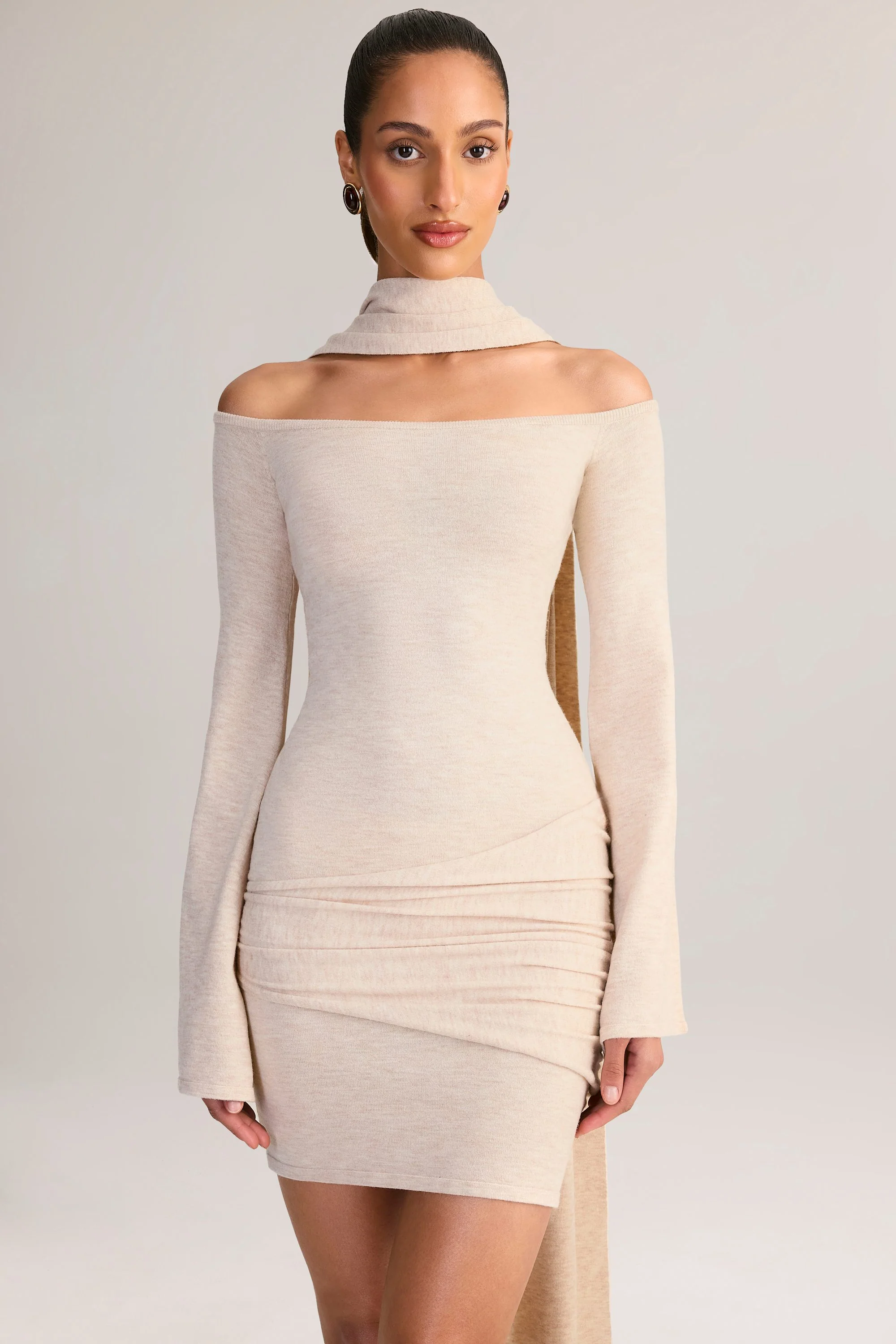 Knit Scarf-Detail Off-Shoulder Mini Dress in Cream - Image 5