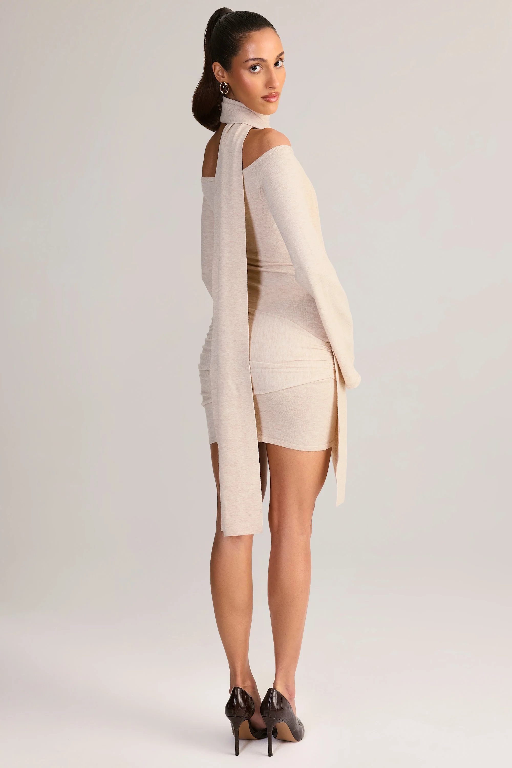 Knit Scarf-Detail Off-Shoulder Mini Dress in Cream - Image 8