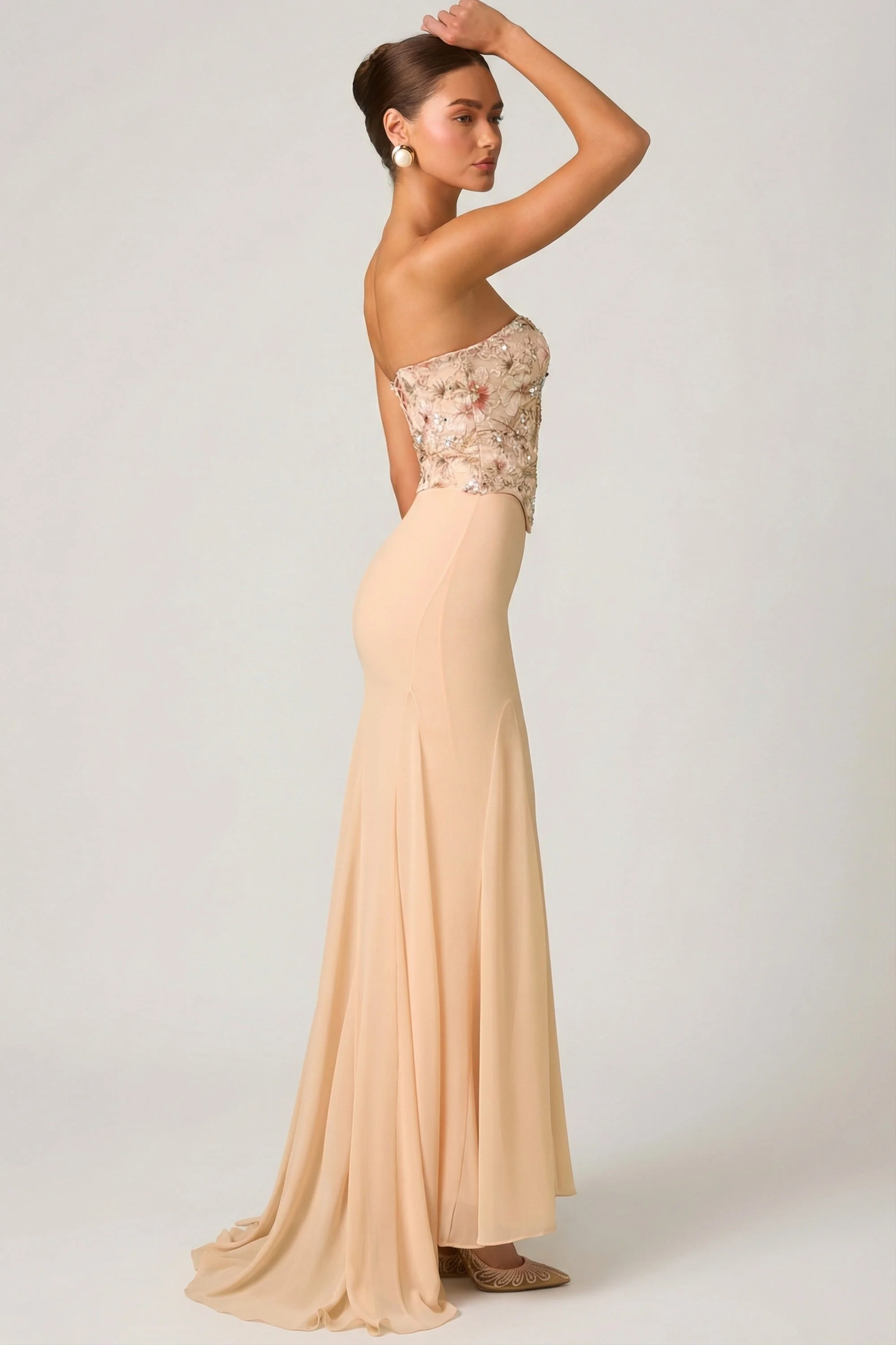Embellished Corset Fishtail Gown in Floral Beige - Image 4
