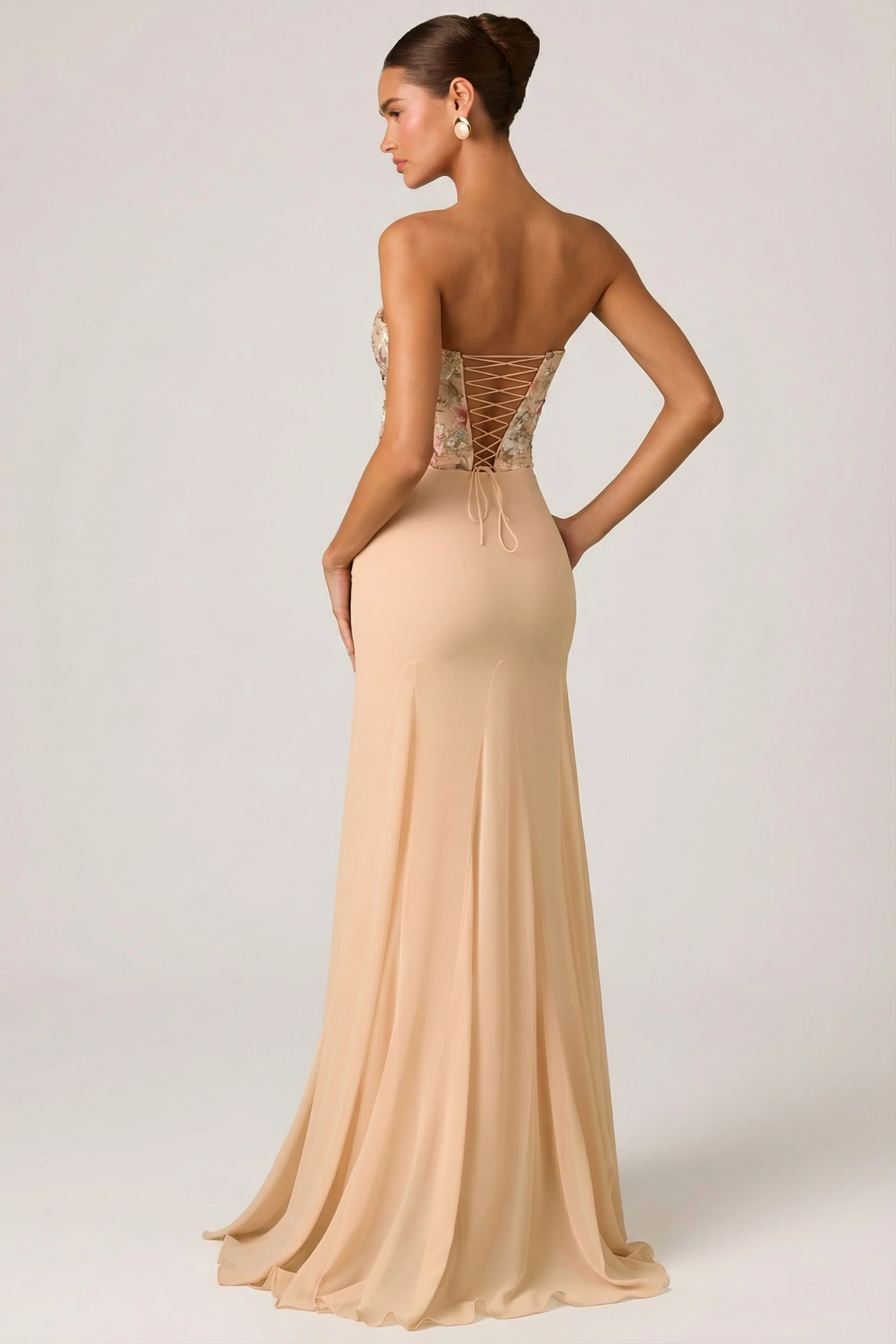 Embellished Corset Fishtail Gown in Floral Beige - Image 5