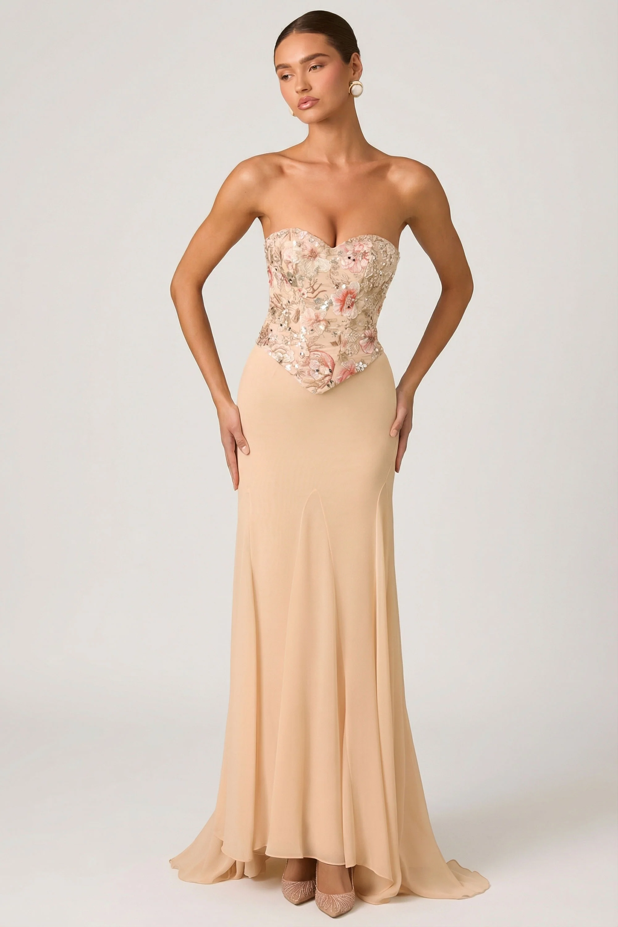 Embellished Corset Fishtail Gown in Floral Beige - Image 6