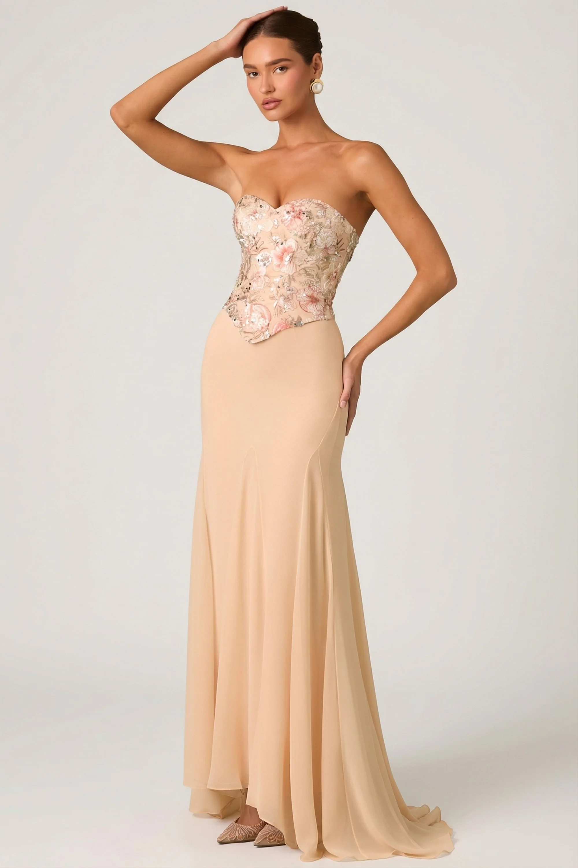 Embellished Corset Fishtail Gown in Floral Beige - Image 7