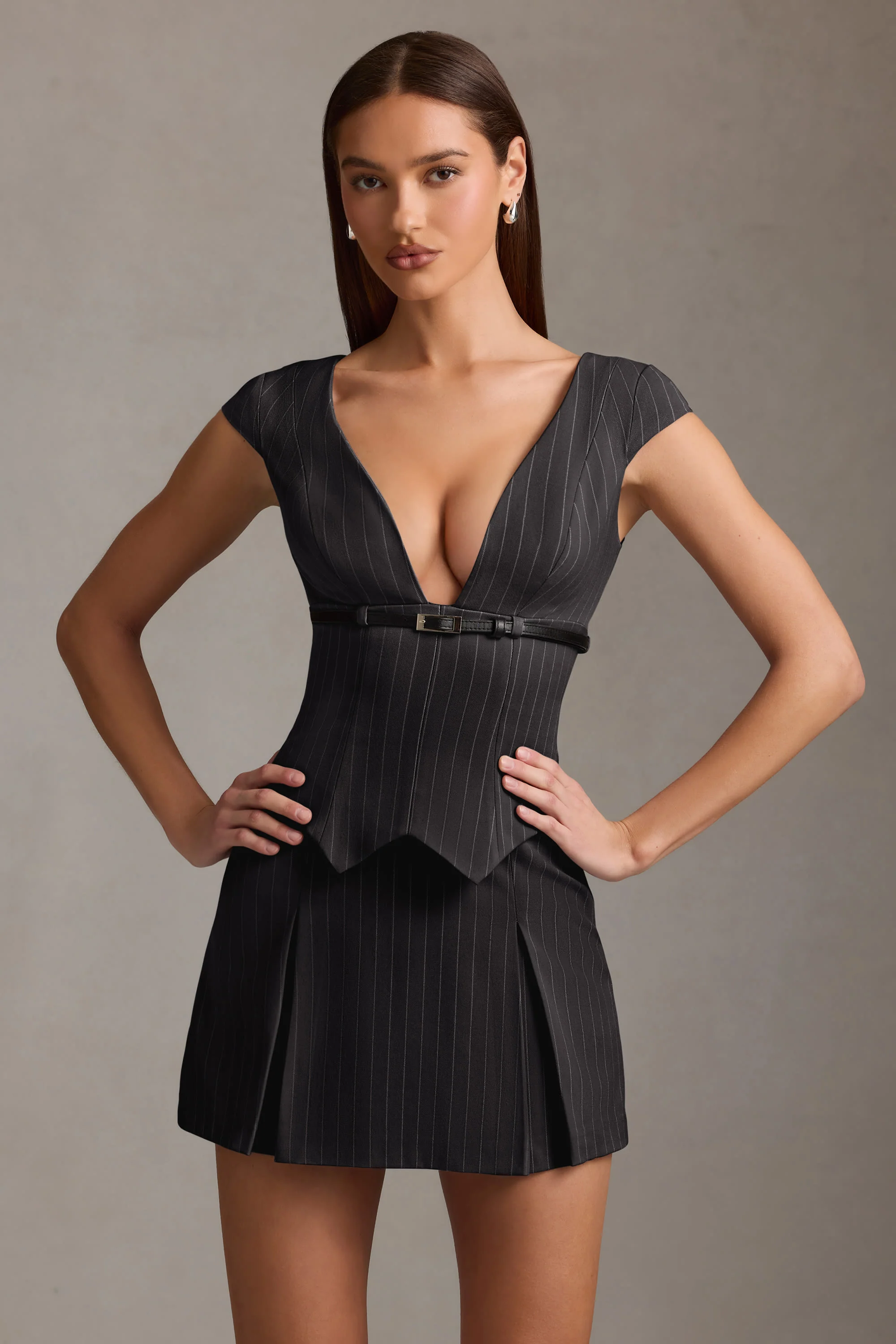 Pinstripe Pleated Waistcoat Mini Dress in Black - Image 7
