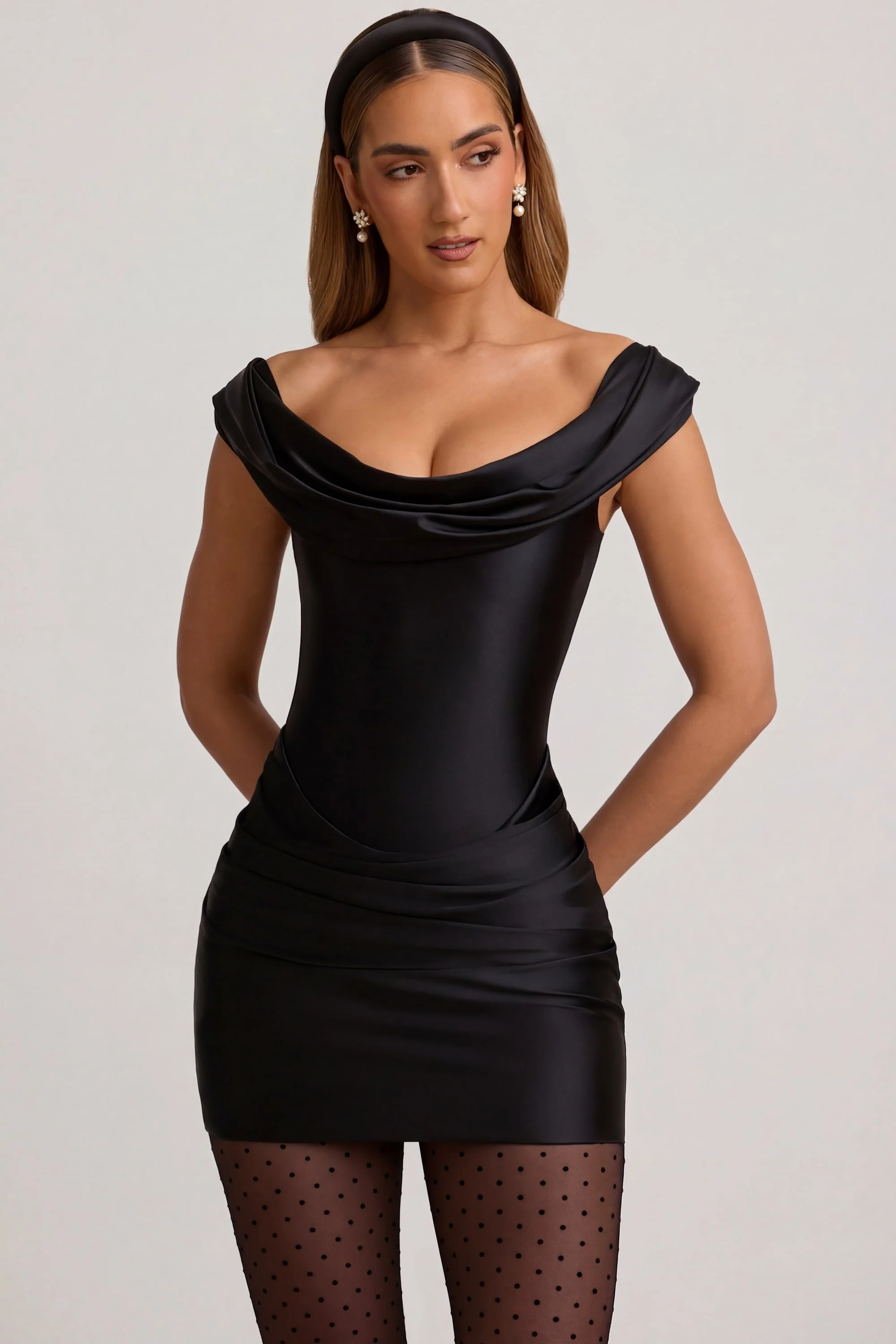Satin Off-Shoulder Draped Mini Dress in Black - Image 6