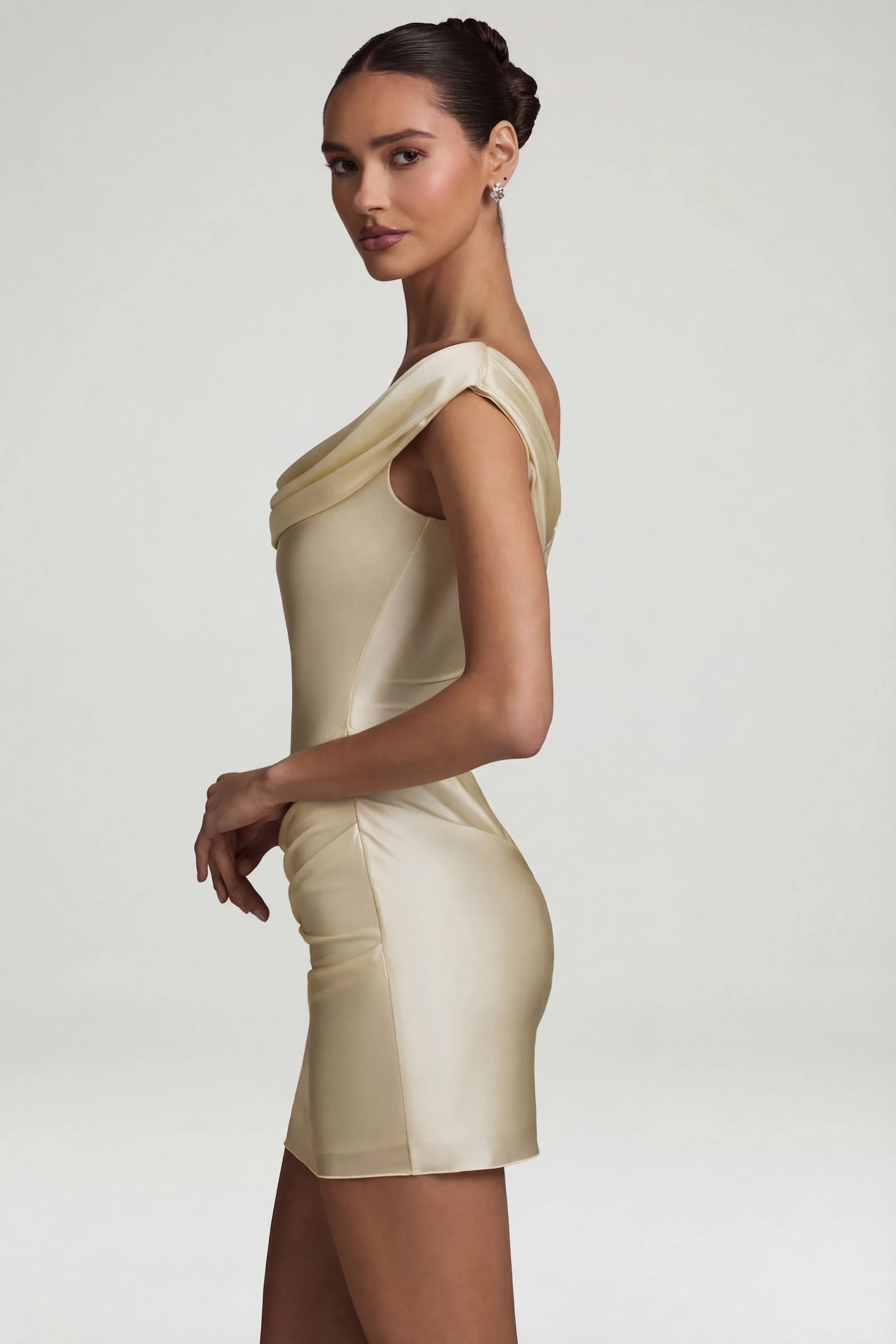 Satin Off-Shoulder Draped Mini Dress in Ivory - Image 3