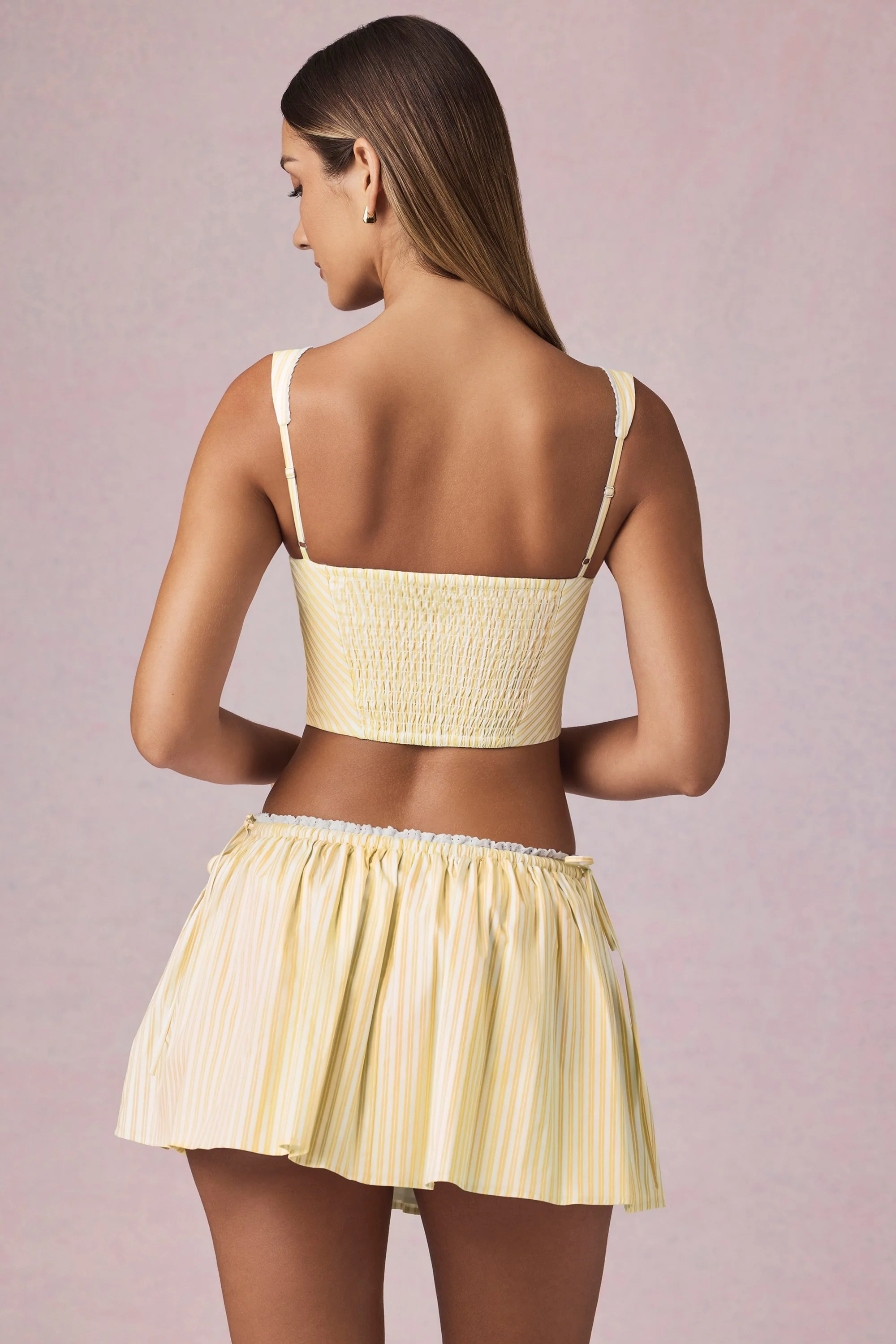 Ruched Drawstring Mini Skirt in Lemon Yellow Stripe - Image 2