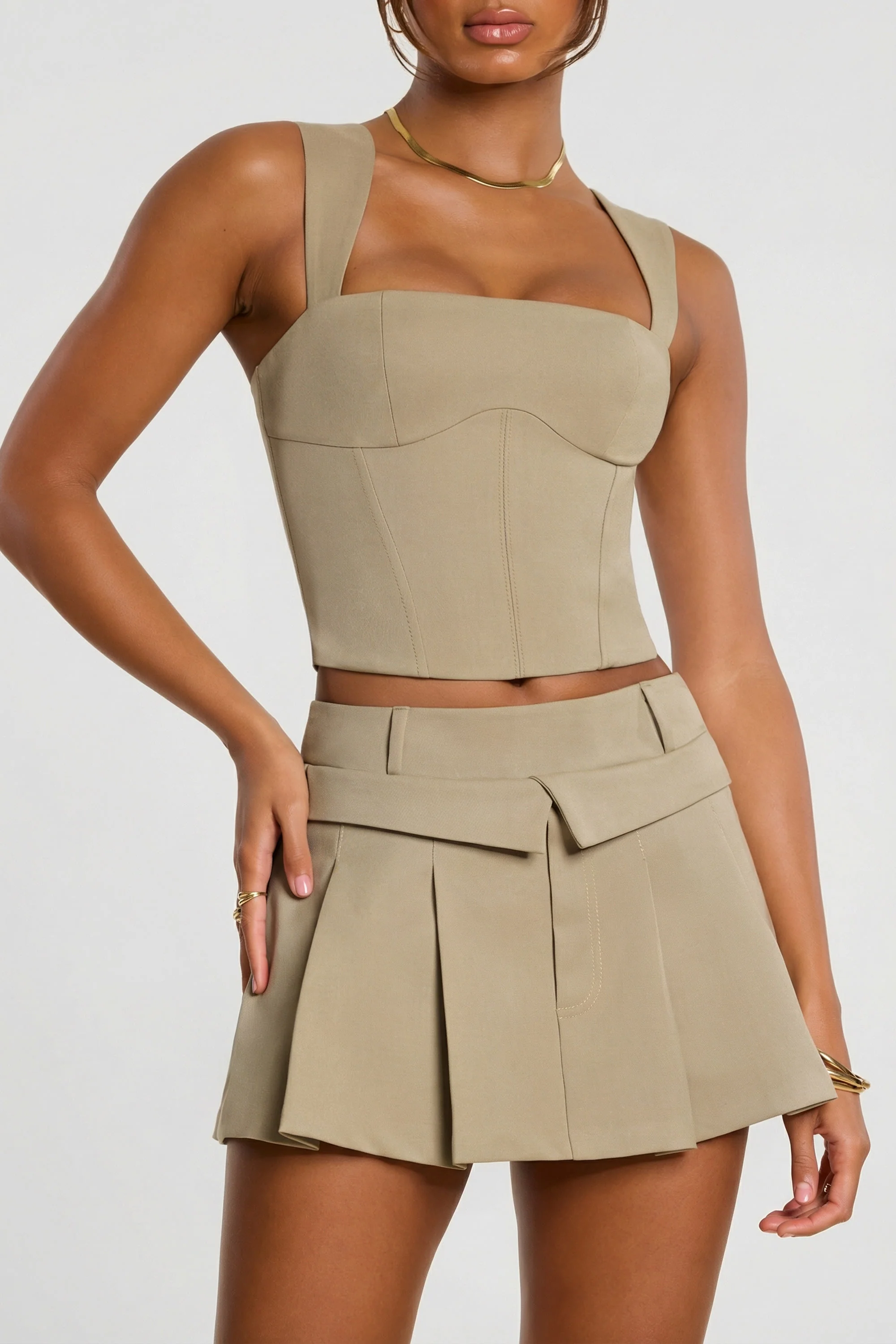 Brushed Twill Mid Rise Pleated Micro Mini Skirt in Taupe - Image 6