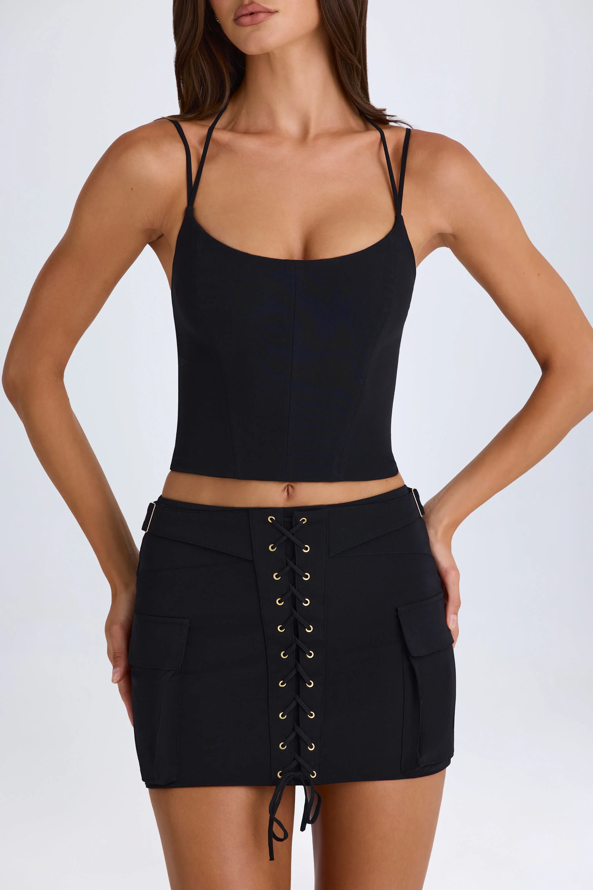 Lace-Up Cargo Micro Mini Skirt in Black - Image 4