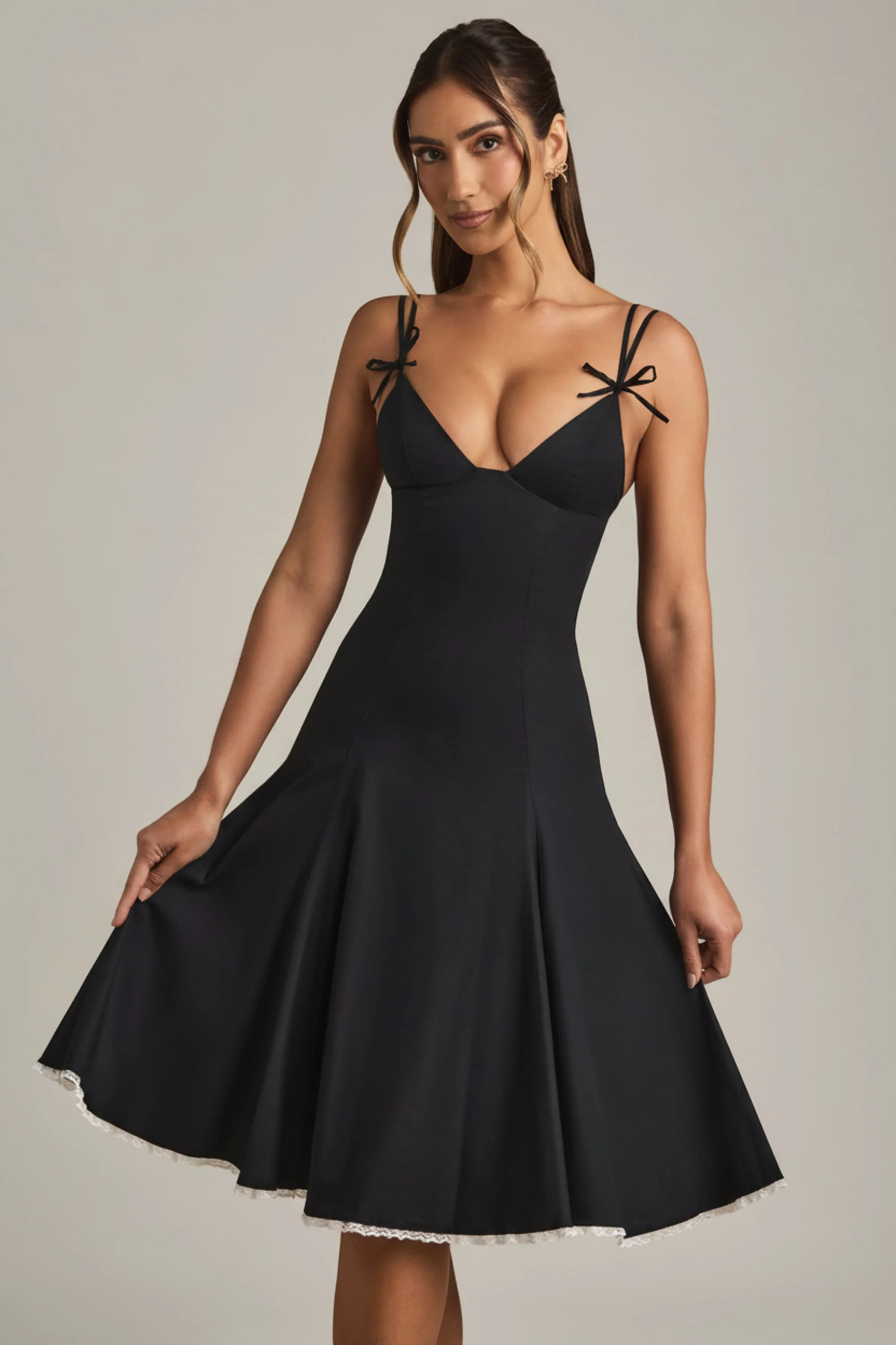 Bow-Detail A-Line Midi Dress in Black
