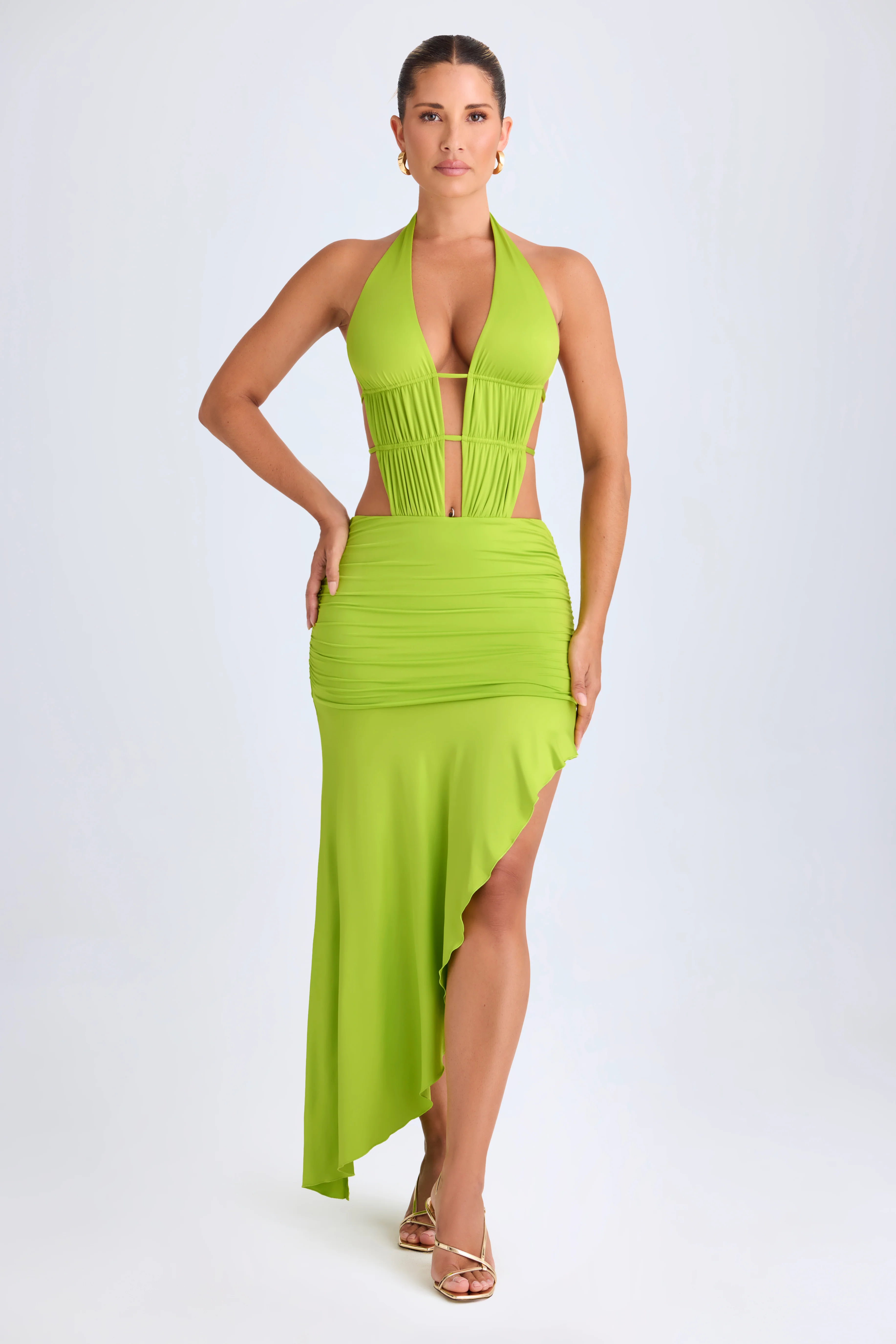 Asymmetric Cut-Out Halterneck Midaxi Dress in Lime Green - Image 8