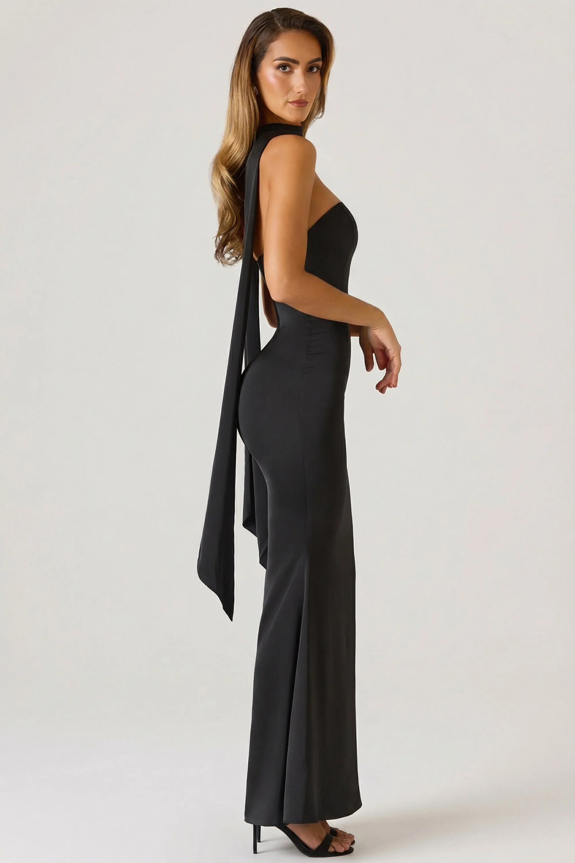 Scarf-Detail Strapless Gown in Black - Image 4