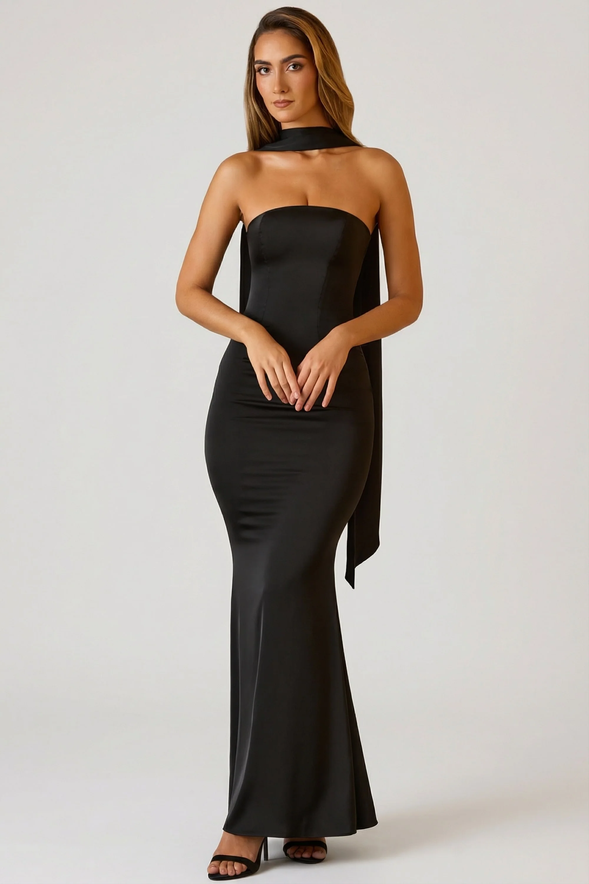 Scarf-Detail Strapless Gown in Black - Image 5