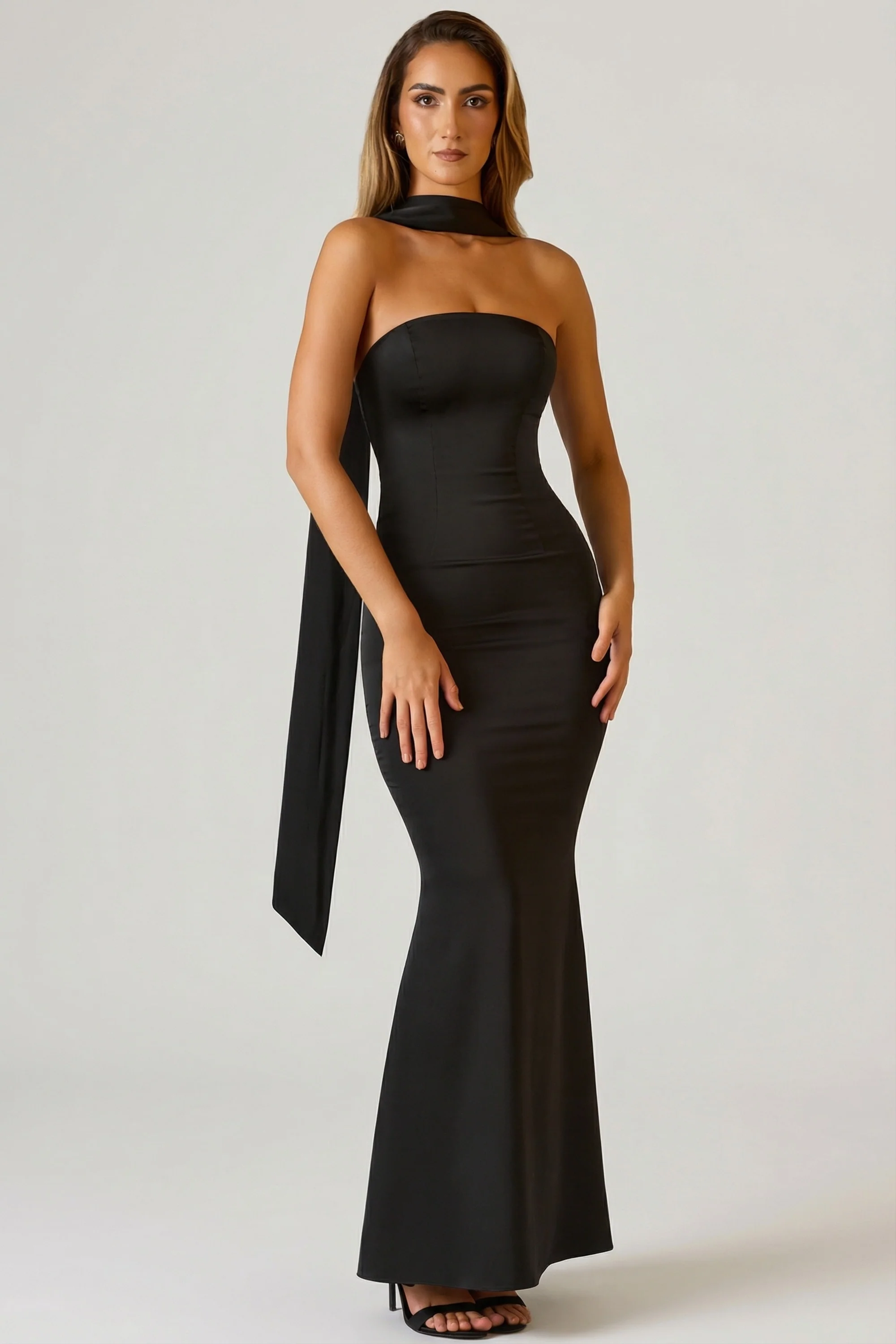 Scarf-Detail Strapless Gown in Black - Image 6