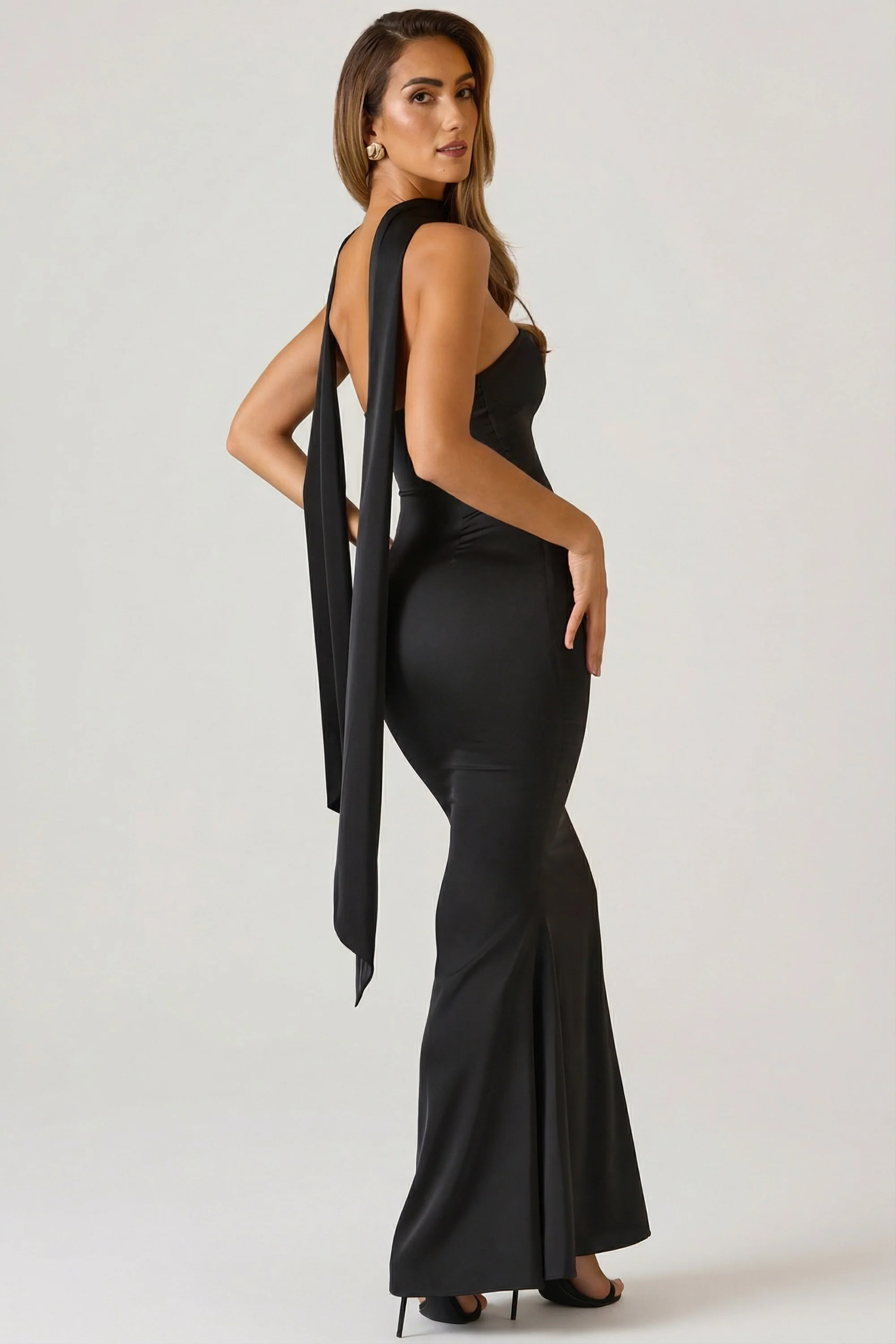 Scarf-Detail Strapless Gown in Black - Image 7