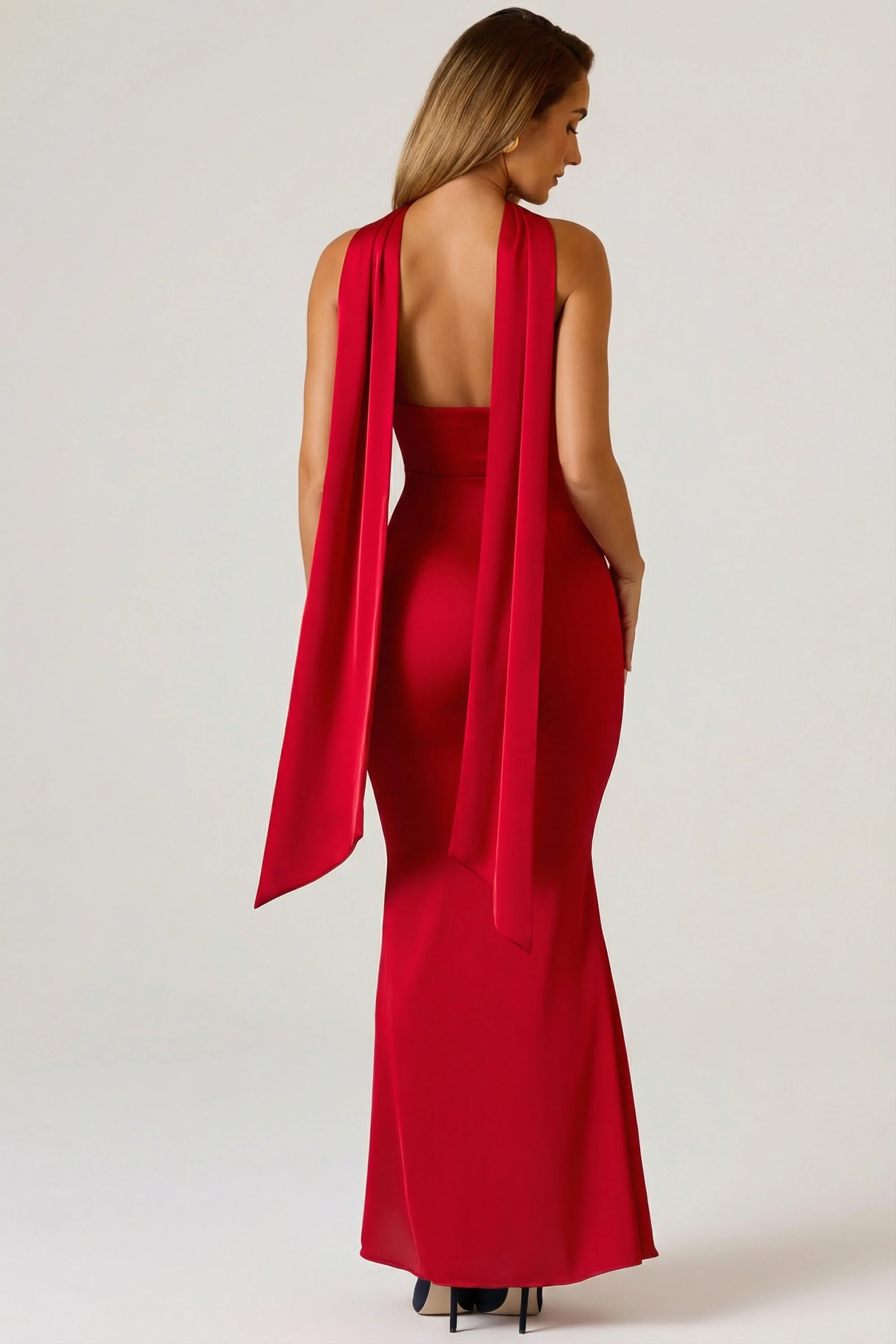Scarf-Detail Strapless Gown in Scarlet Red - Image 2