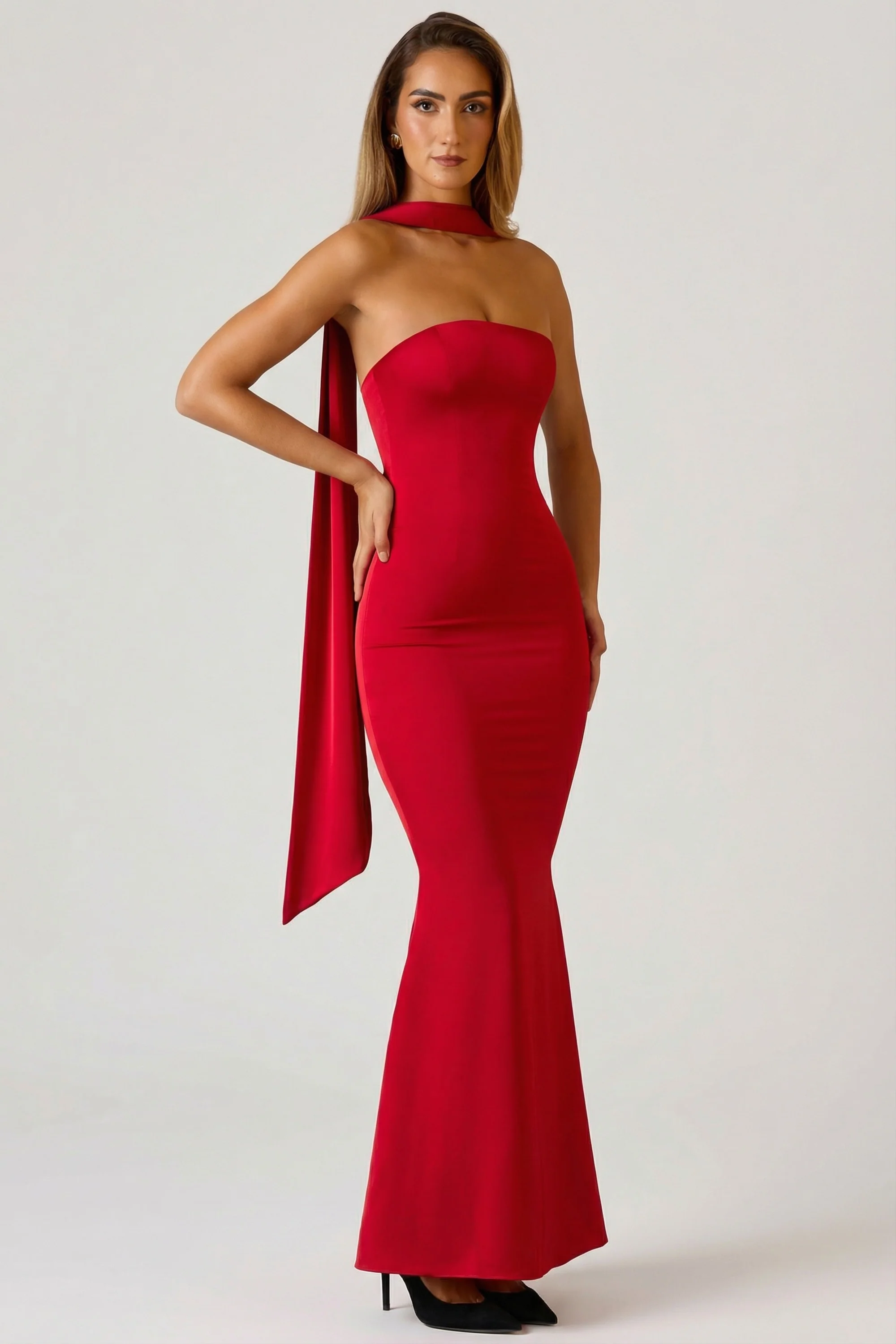 Scarf-Detail Strapless Gown in Scarlet Red - Image 5