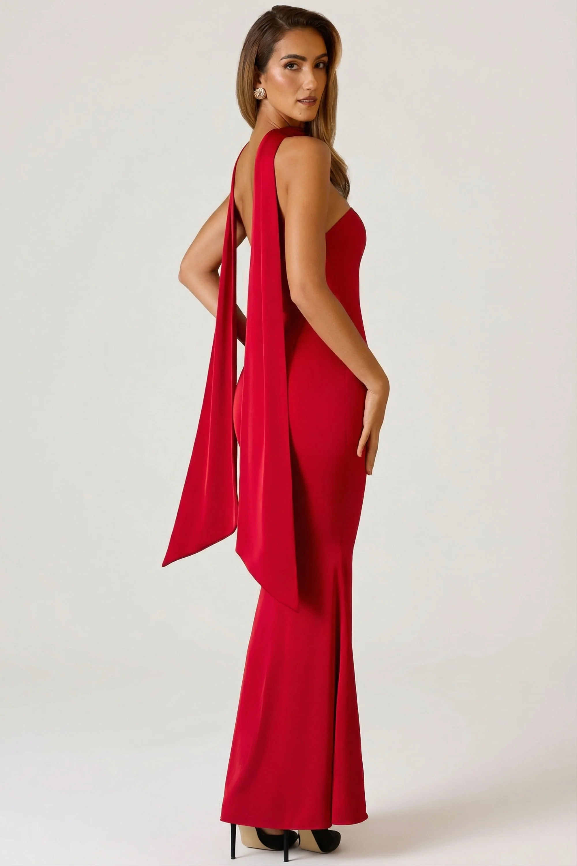 Scarf-Detail Strapless Gown in Scarlet Red - Image 6