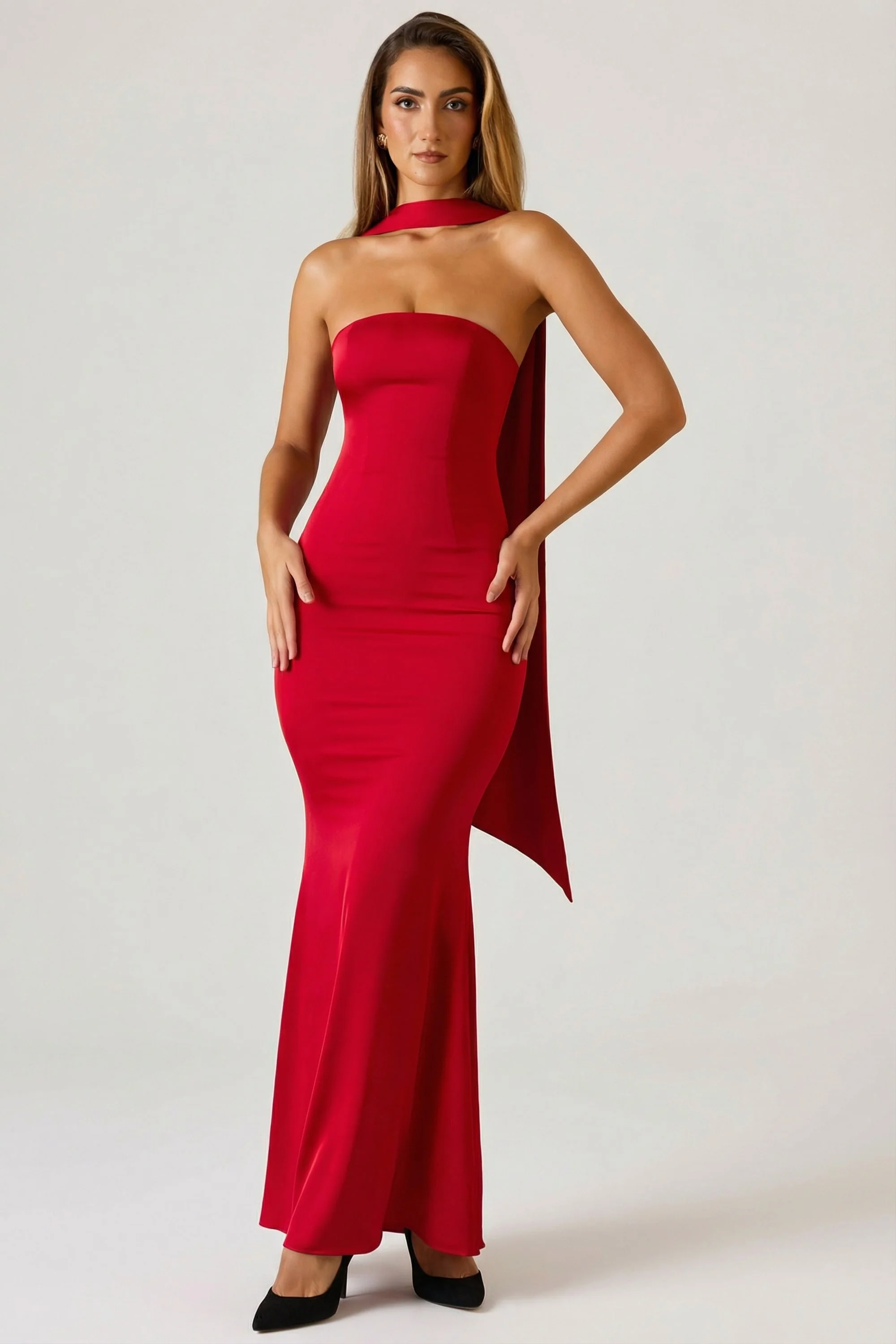 Scarf-Detail Strapless Gown in Scarlet Red - Image 7