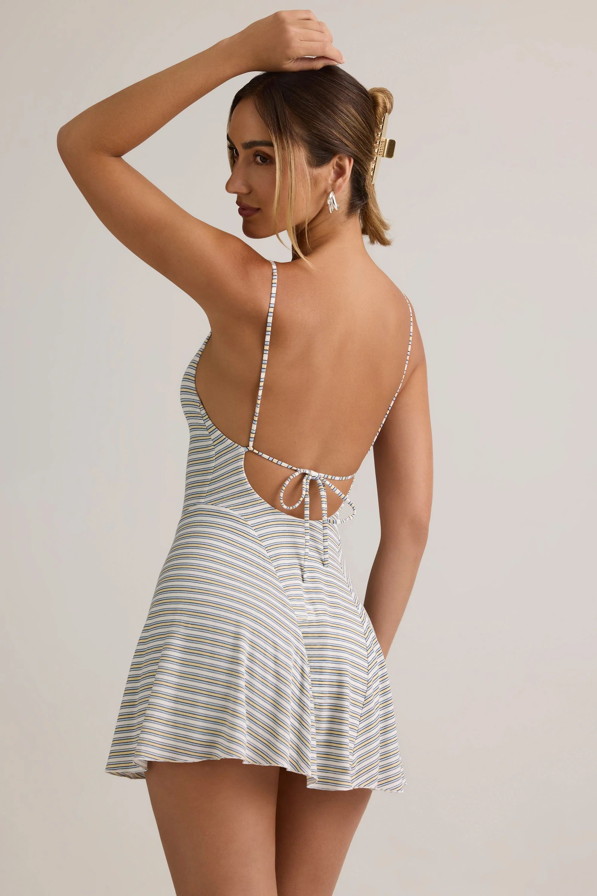 Modal Ribbed Tie-Back A-Line Mini Dress in Blue Yellow Stripe - Image 2