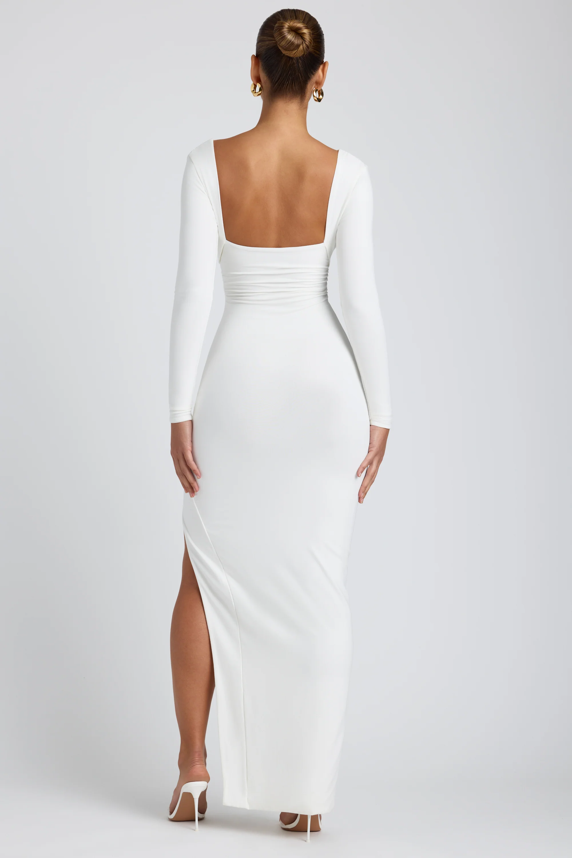 Modal Plunge Neck Long Sleeve Maxi Dress in White - Image 2