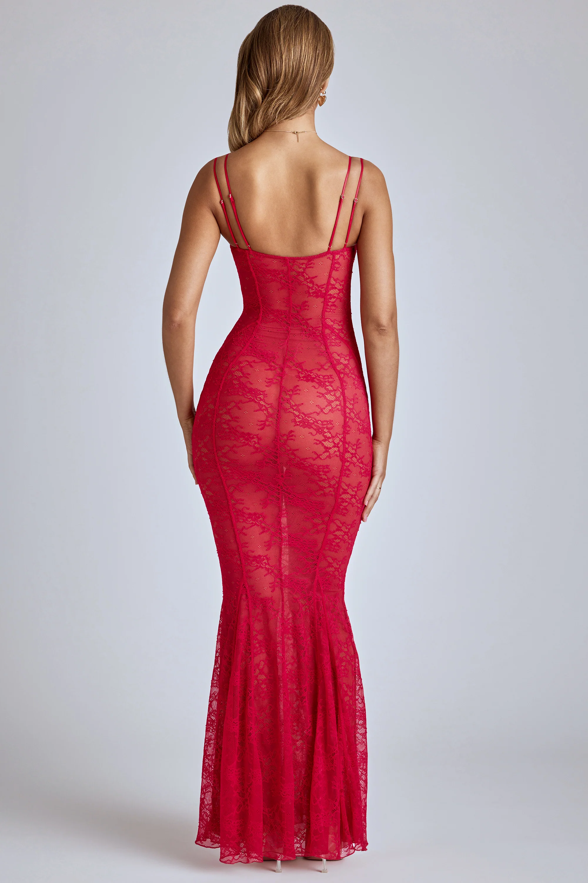 Sheer Lace Fishtail Gown in Cherry Red - Image 2