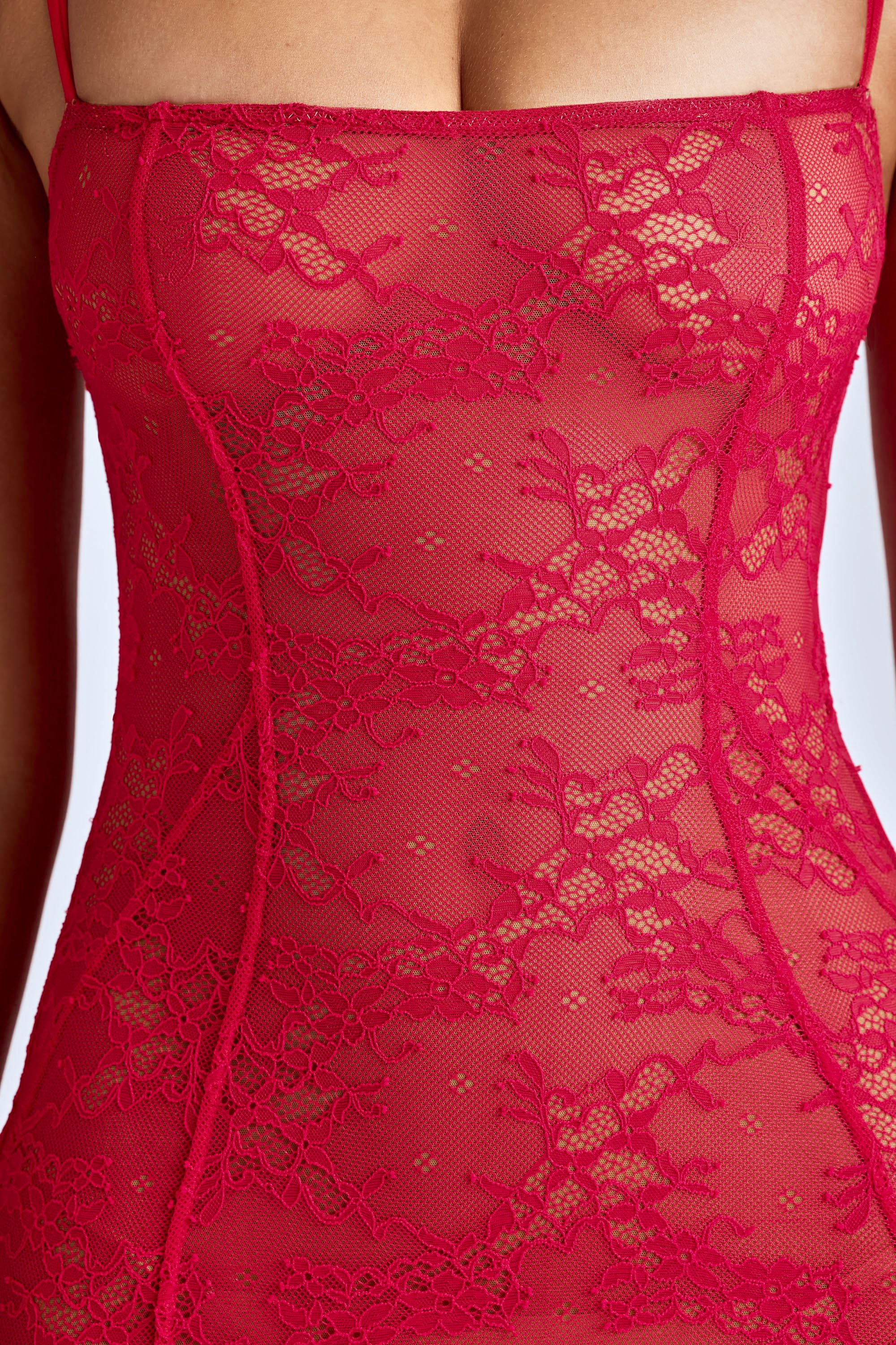 Sheer Lace Fishtail Gown in Cherry Red - Image 4