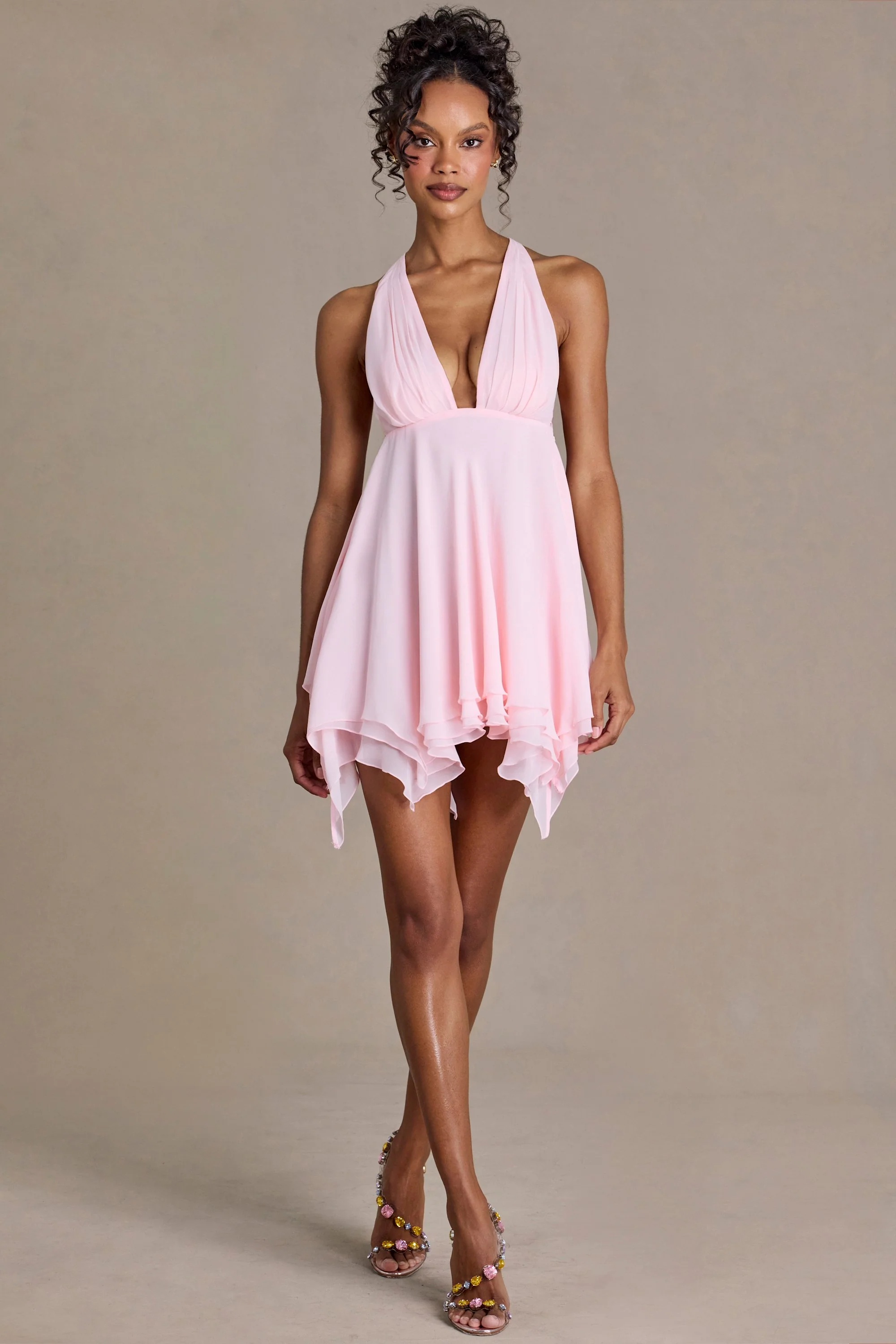 Chiffon Plunge-Neck Open-Back Mini Dress in Blossom - Image 2