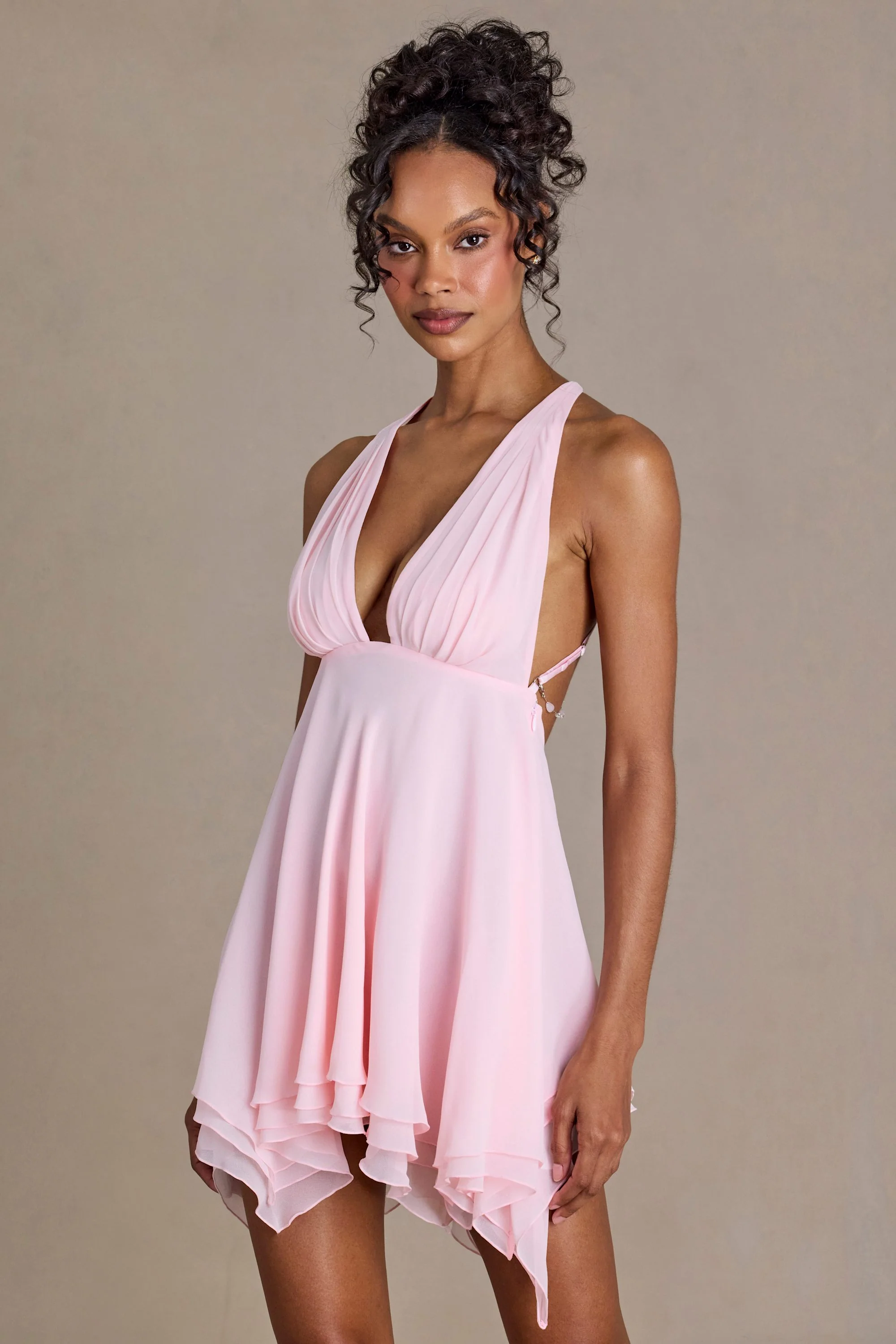 Chiffon Plunge-Neck Open-Back Mini Dress in Blossom - Image 6