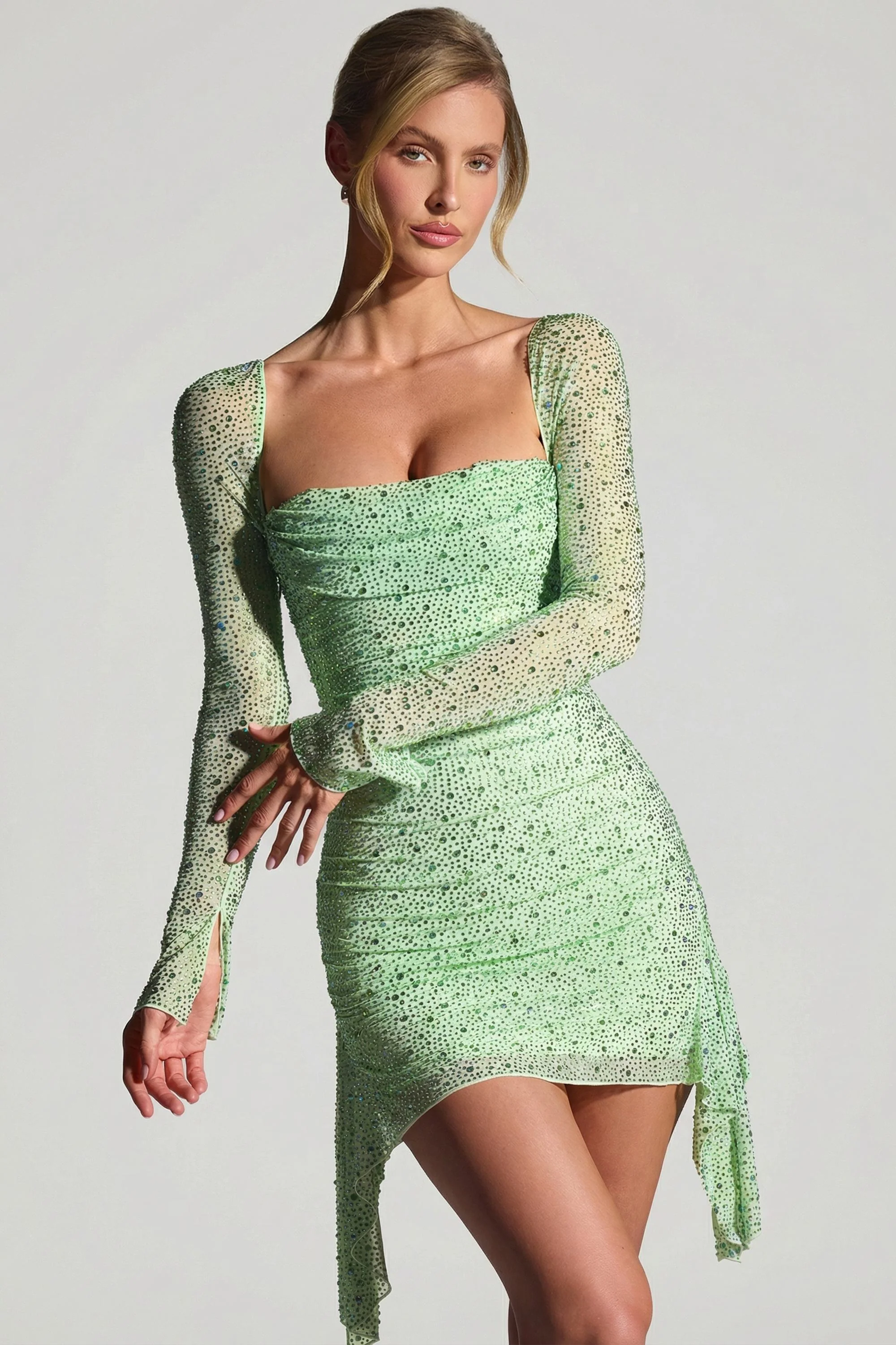 Embellished Draped Cowl-Neck Mini Dress in Pistachio - Image 2