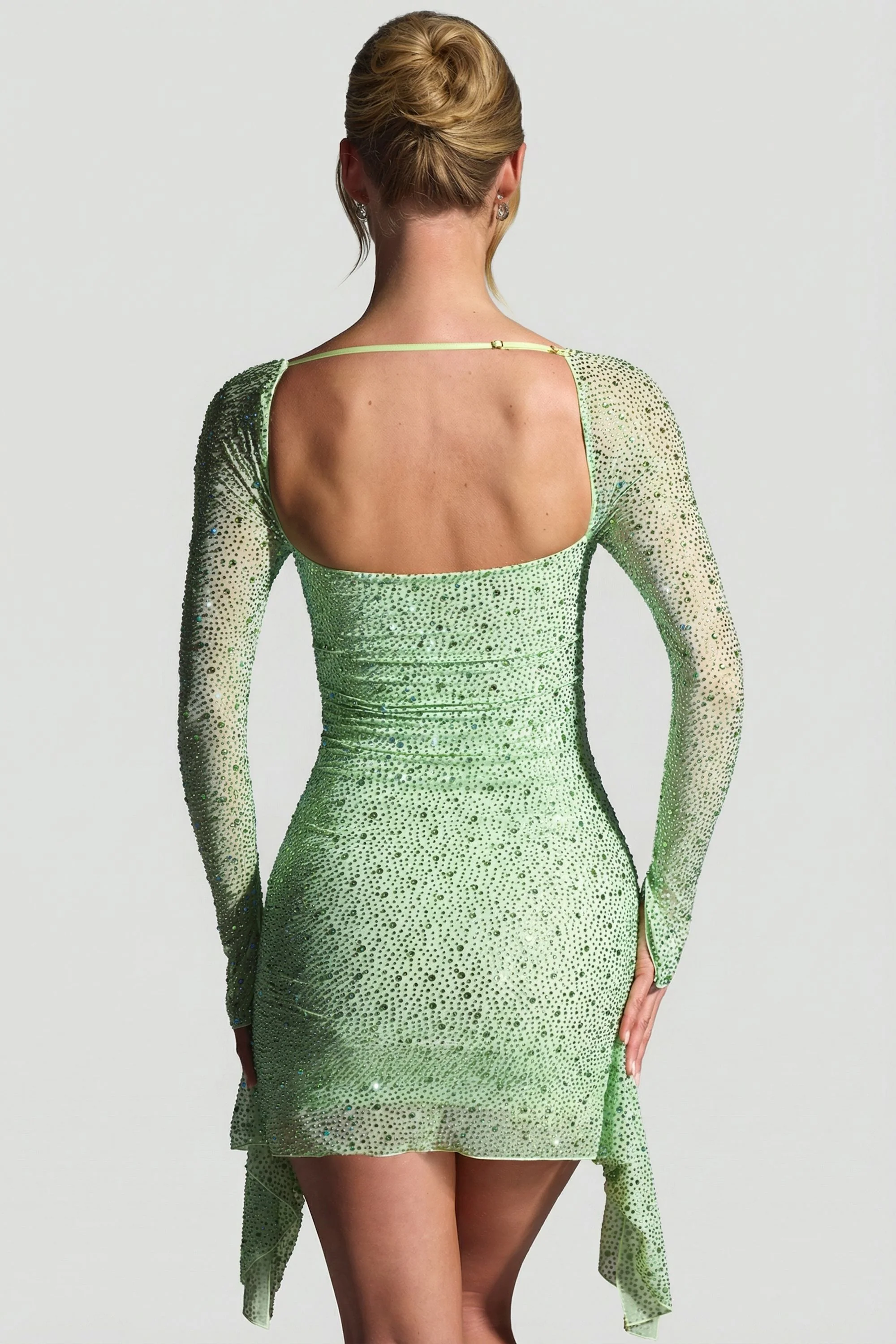 Embellished Draped Cowl-Neck Mini Dress in Pistachio - Image 5