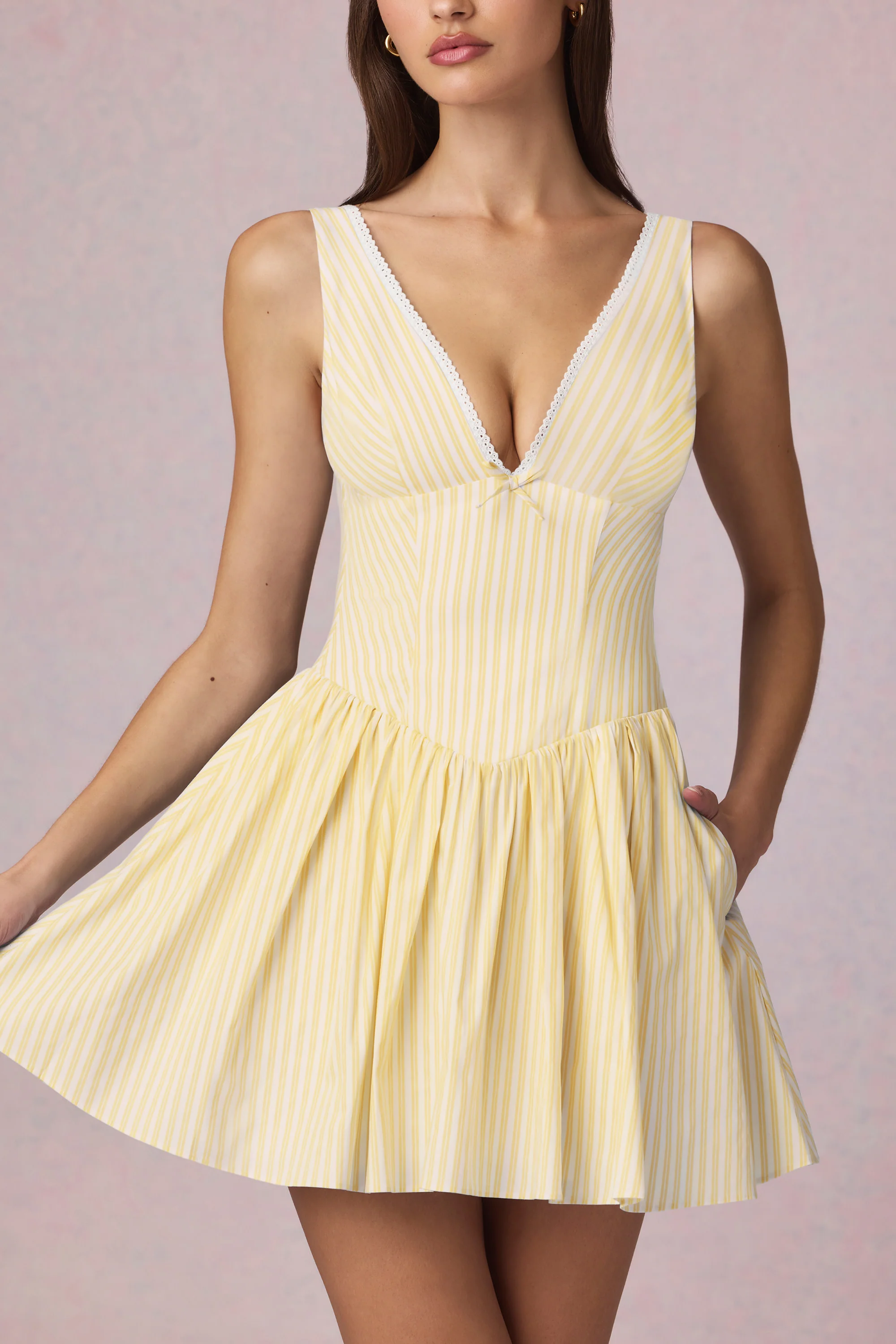 Bow-Detail A-Line Mini Dress in Lemon Yellow Stripe - Image 4